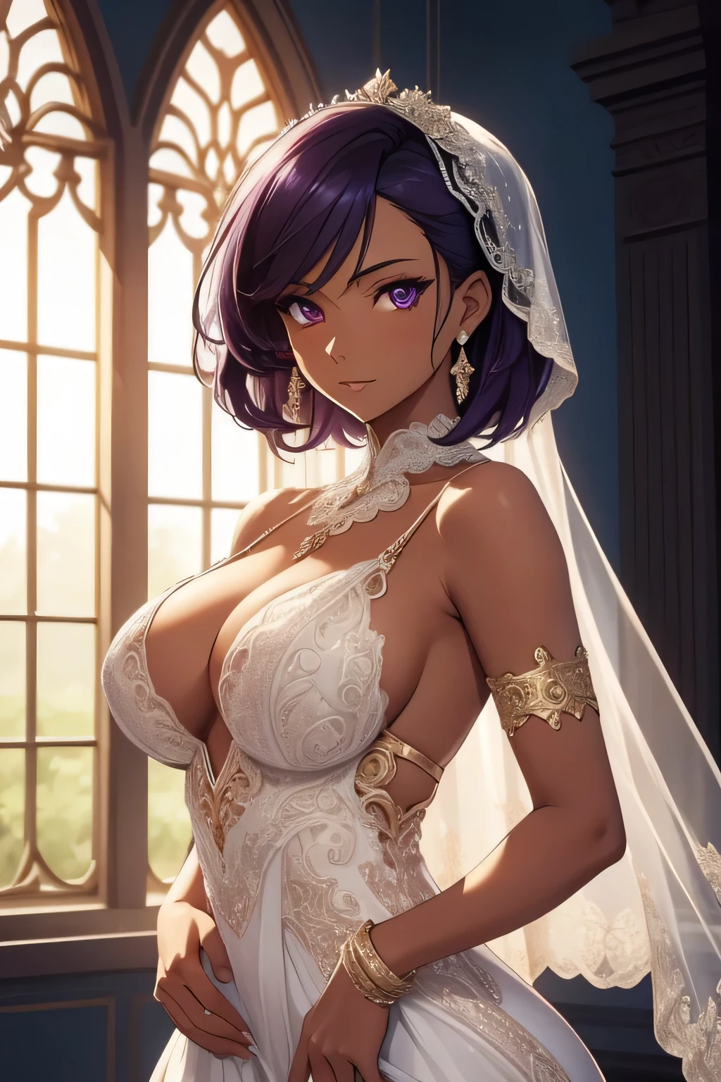 1 beautiful woman, tanned skin, short dark purple hair, golden eyes, ((detailed eyes:1.2)), medium breasts, wearing translucent wedding dress, elegant, sensual, sideboob, (masterpiece, top quality, best quality, official art, beautiful and aesthetic:1.2), extreme detailed, colorful, highest detailed