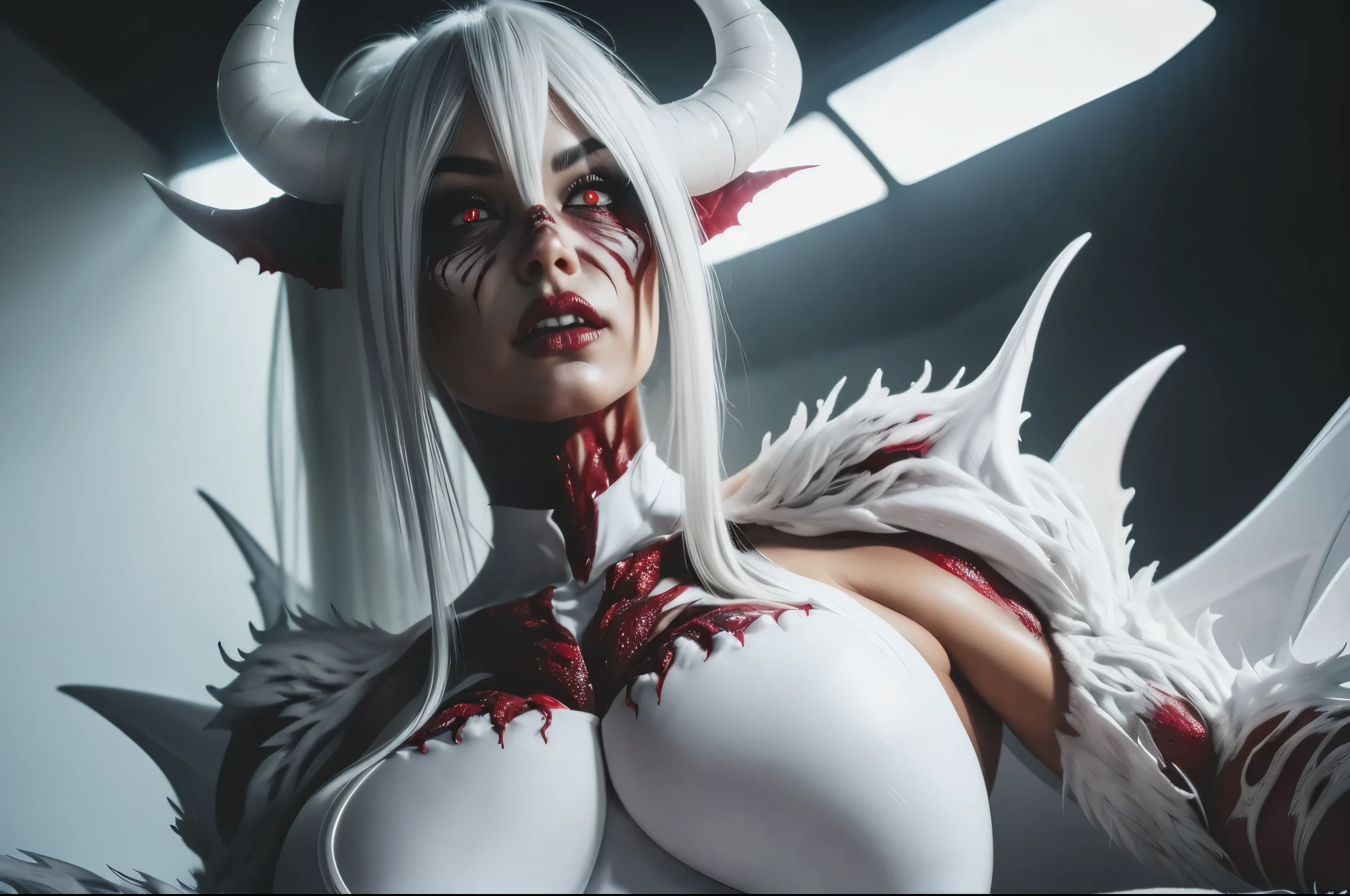 (carnage:1.5),(black and white demoness:1.5),(beautiful female model:1.5), (demoness with Large horns:1.25),(1 super muscular succubus with flayed skin:1.5), (covered in thick white muscle suit:1.5), (exposed perfect anatomy:1.5), high detail, best quality, masterpiece, finely detail, realistic skin texture, 85 mm art lens, f 1.2, sharp focus, 8 k high definition, insanely detailed, intricate, glowing white eyes, dark hair, glowing white background, holding whip, hair bun, beautiful female face, white skin