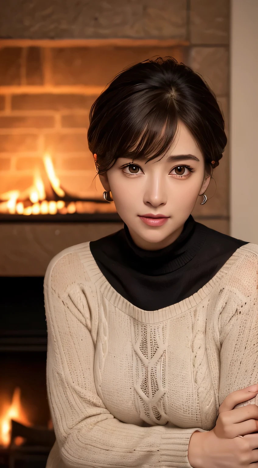 intense realism,(highest quality,4k,masterpiece:1.3),Beautiful woman,1 female、60 years old、Upper body、dark brown hair:1.1,super detailed face,lip details,detailed eye,double eyelid、big black eyes、laughter、short hair、winter、fireplace、nature、black sweater