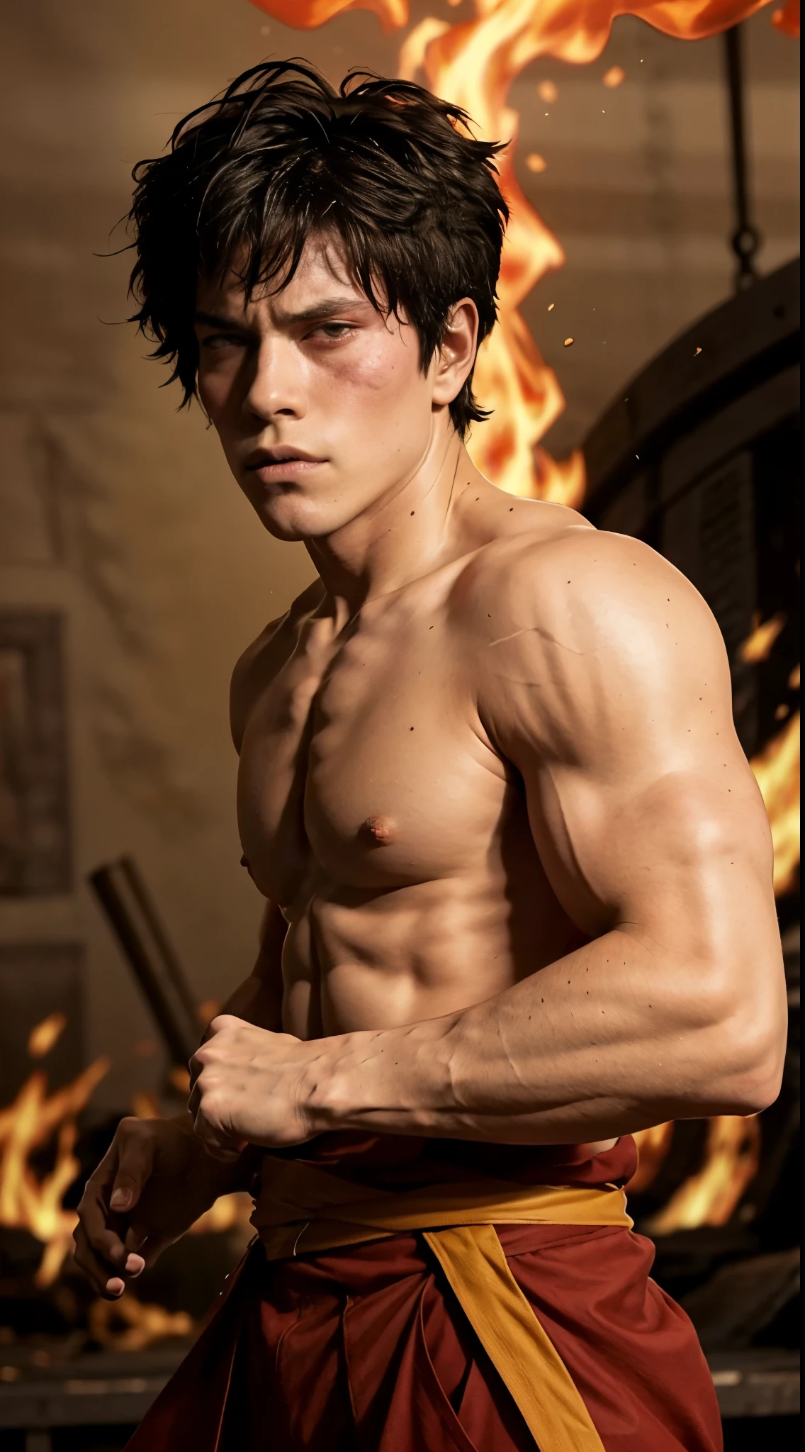 Photorealistic, last air bender, 1boy, (prince Zuko:1.6),(zuko:1.5), ((best quality)), ((masterpiece)), (detailed), masculine portrait of a young, 18-year-old male model, handsome, tall, cute looking, powerful, young male, handsome model, clean shave, (yellow eyes:1.2), (scar in his eye:1.5), short messy brown hair, messy hair, super strong, muscular, fit, massive muscles, six pack, shirtless, barechested, half-naked, topless, muscle, ripped, strong body, fit body, great chest, amazing arms, pirate pants, esthetic, in the background, volcano, fire bending, (japanese:1.3) 8k, high detailed, ultra-detailed, Stylish Pose, real skin texture, dark cinematic lighting