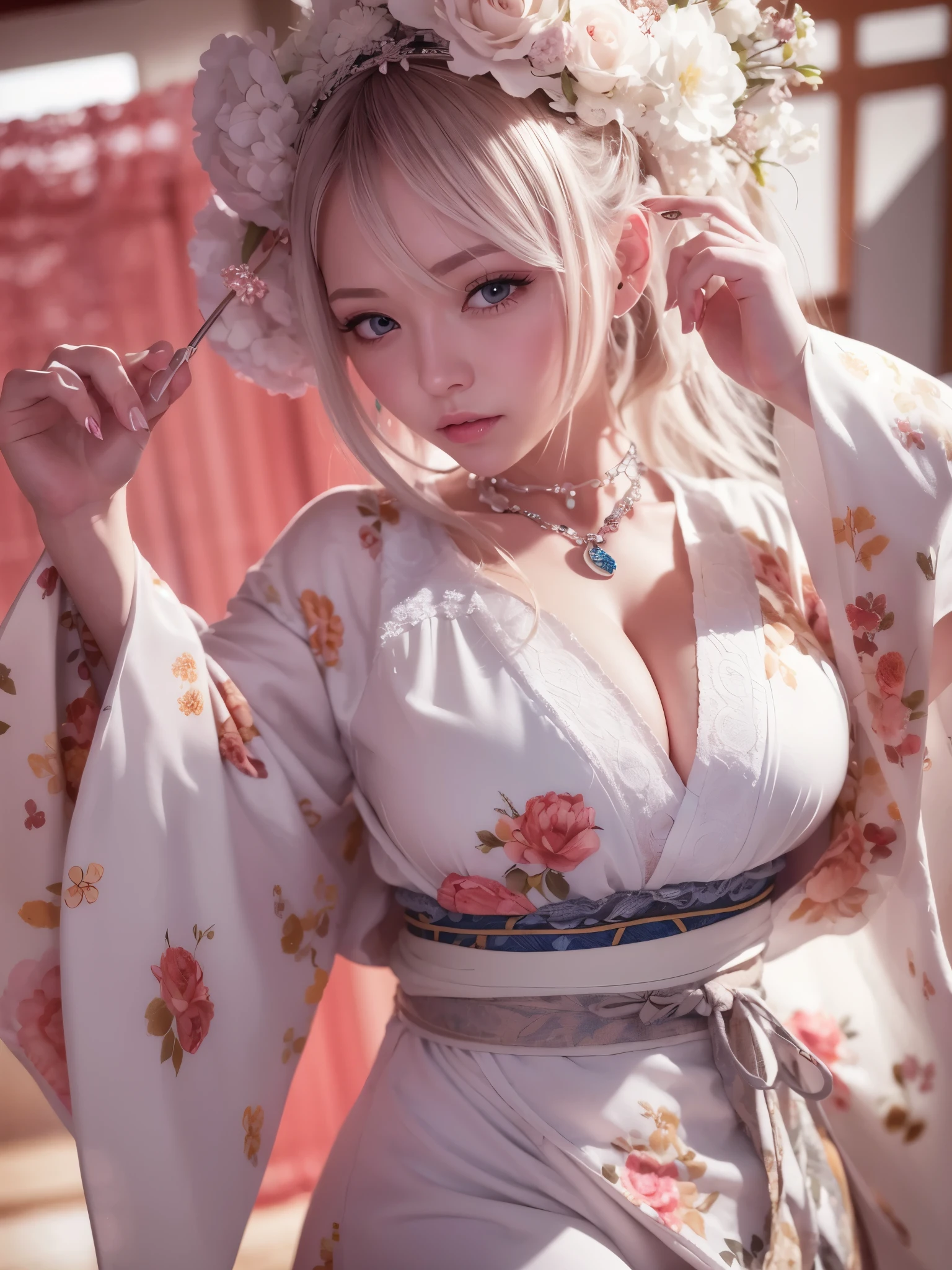 Masterpiece, RAW photo，photorealism，high resolution，best quality，high definition, perfect composition, perfect face, perfect body, 32K,cinematic lighting，short kimono, revealing clothes, cleavage, sexy girl, white hairs, panties