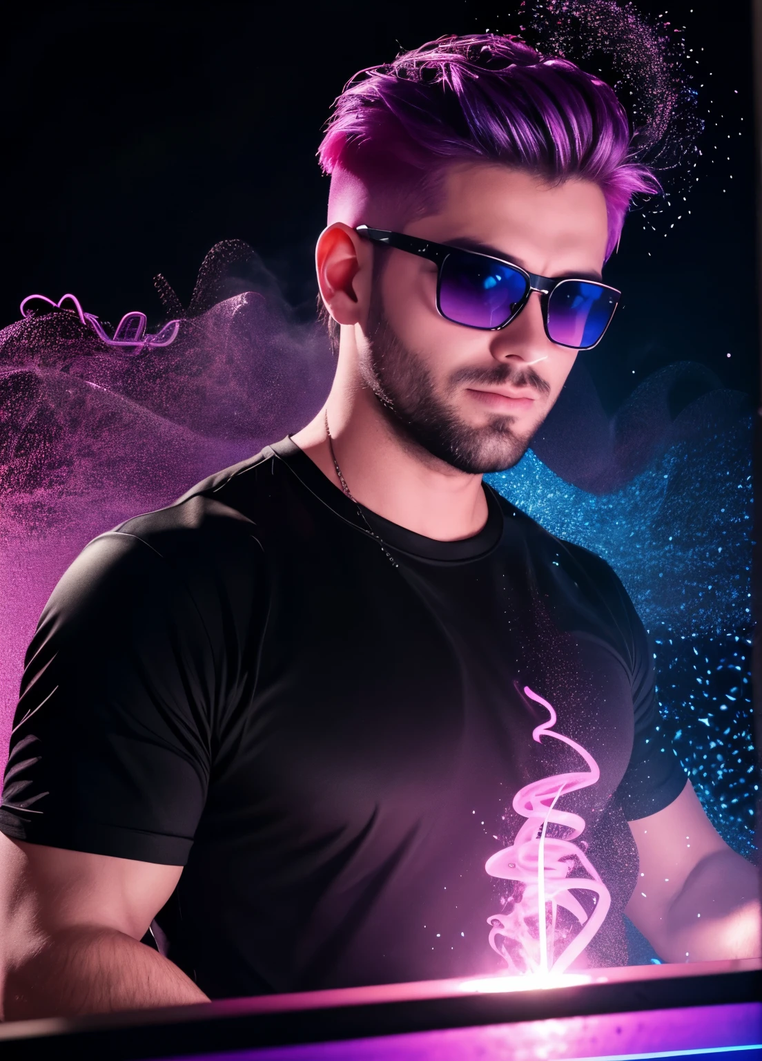 30 years old man DJ upper body in frame, black shirt in sunglasses with purple frames and rose-colored glass illuminated by colored lights photorealistic background bright colors Luminous neon pink and neon blue glitter dust background with pink and blue smoke vapor