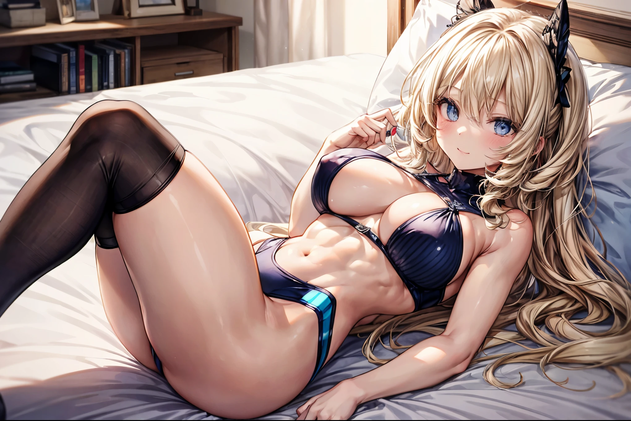 sensual, ((long blonde curly hair)), thick thighs, 8K, 4K, highest quality, High resolution:1.2), cute anime face, noise reduction, ((shining blue eyes, gentle smile, kind eyes))、toned abdominal muscles, muscular arms, muscular legs, young face, anime eyes, (((big breasts、Breasts that are about to burst)))、(((whole body)))、Wearing a white high-leg cut leotard、lie down on the bed