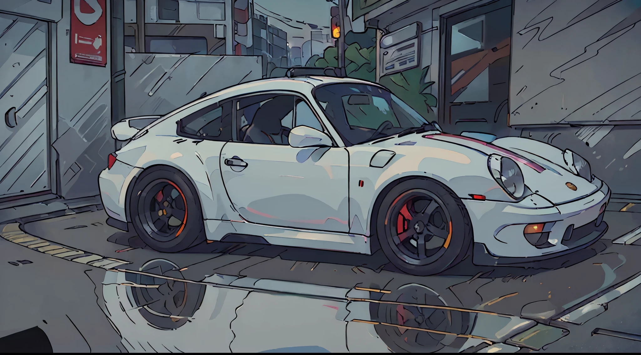 (Best Quality, High resolution:1.2), Ultra-detailed, (Realistic:1.37) porsche 911 rwb, wide bodykit, large wheels, Streets of London, Detailed reflections of car surfaces, High quality and precise painting, Vibrant colors, Natural lighting, with the girl next door, HDR, high-level image quality