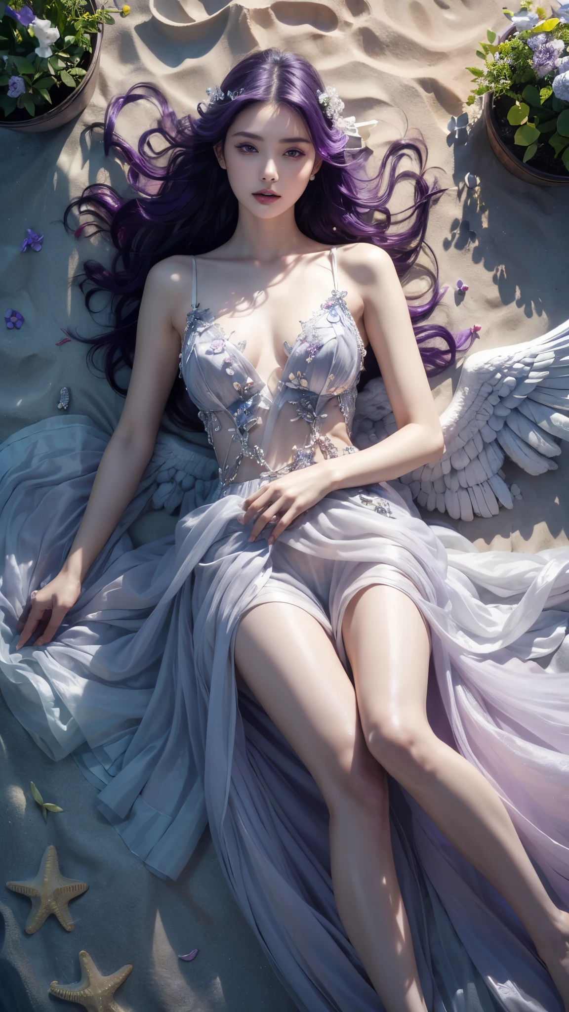 (((RAW photo , Extremely detailed, highest quality, High resolution, alone,)))

break、(contrast:1),  whole body、 Viewed from directly above, Lying in a flower garden, back is on the floor、

break、 (((purple hair beach wave hairstyle ))), (((cosmetics))),big breasts,

break、white effect, white wings:1.2 ,  White Angel:1.2, ((night)) 、

break、Vampire Castle, detailed background,, moon、 

break、antonio riva dress:1.1,Dress made of slightly see-through fabric:1.3、(very complicated:1.2), high fantasy, beautiful face,  pointed ears, 

break,background, monochrome, grayscale, barefoot, break、outdoors、river