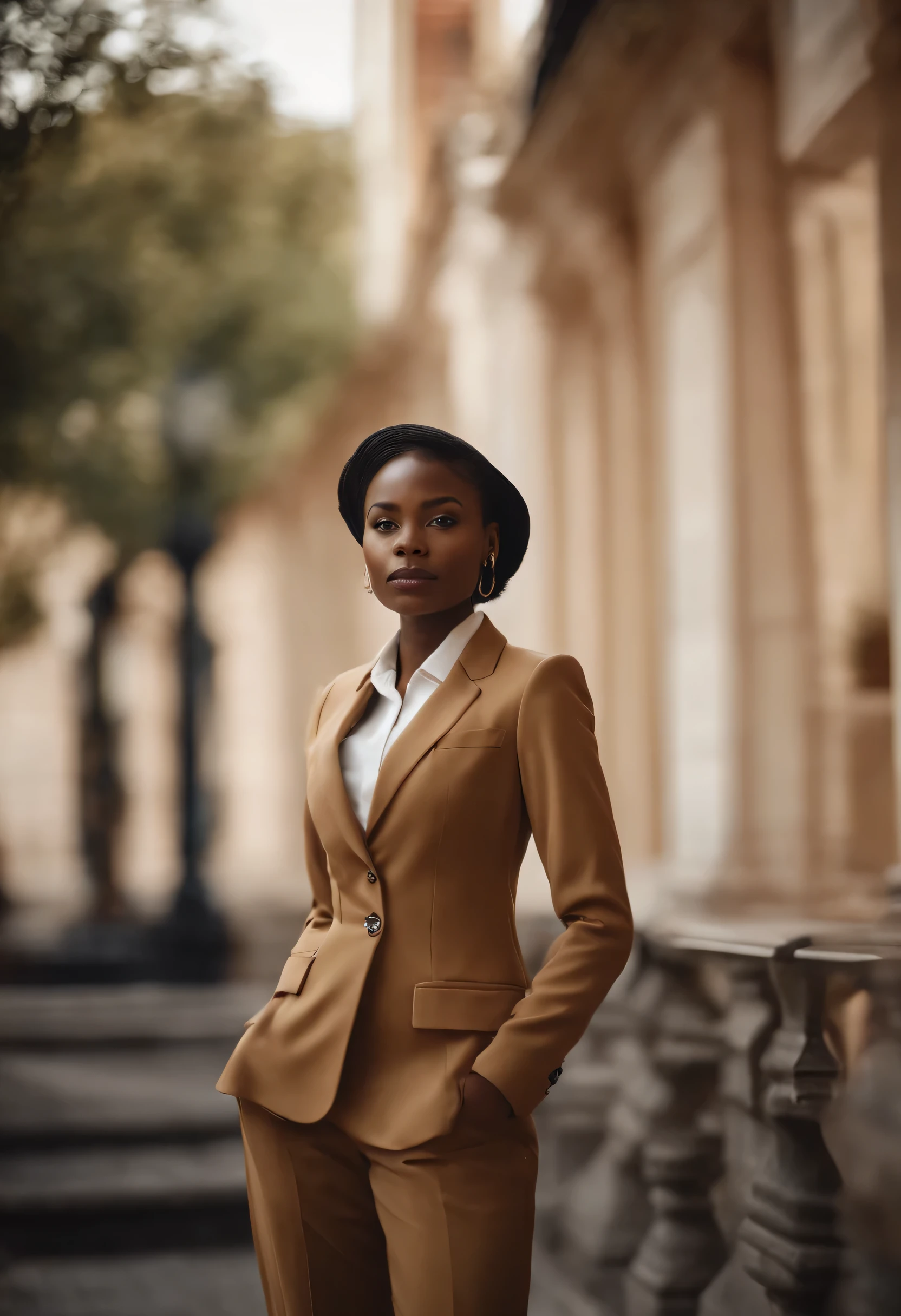 Young african woman in tailor suit, Light background, style of ultrafine detail, high-quality photo, 35 mm f/5.6
