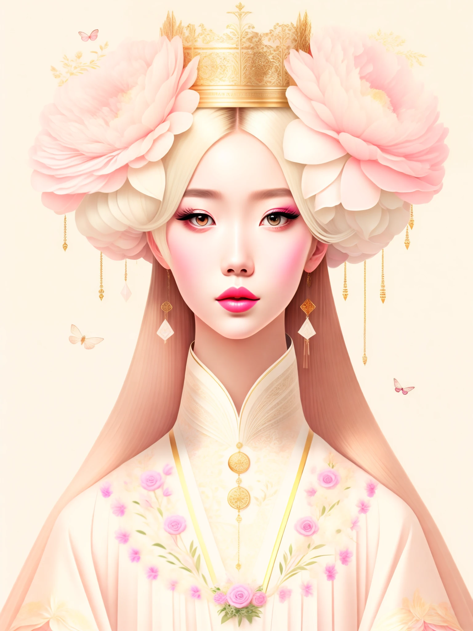 (masterpiece, best quality:1.2),vector art：1.37. (1 girl, alone，beautiful).（Exquisite facial features，eyelash，blush，long hair，Exquisite makeup），Crown，corolla，Hanfu，tassel，Butterfly，peony，symmetry，White background，