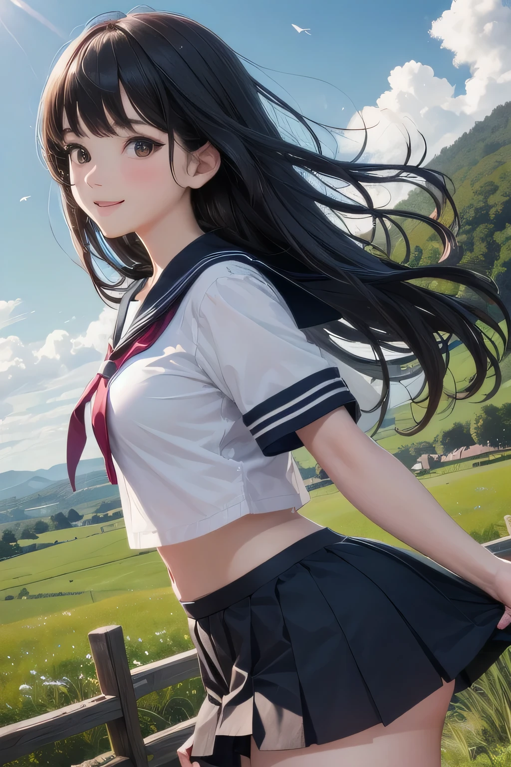 very cute and beautiful girl,(very detailed美しい顔),serafuku,navy blue pleated mini skirt, skirt lift,white panties,(smile),blush,looking at the viewer,black hair, countryside,wooden fence,top of the hill,grassland,detailed landscape, (highest quality,masterpiece:1.2),disorganized,High resolution,super detailed,very detailed,32K,8K resolution, intricate details,movie-like scene,detailed background,alone,dynamic angle, Natural light,hair blowing in the wind,beautiful and detailed sky,