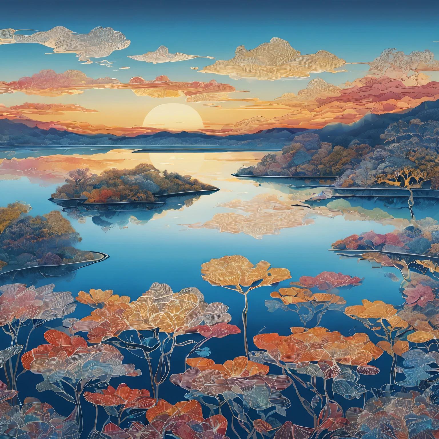 quiet salt lake、 (A is drawn:1.6)、Cloudless blue sky、lake reflecting the sky、Scenes are rendered with intricate Zentangle details, The artwork has a cinematic feel, Emotional, and great atmosphere. Colors present a bright and vibrant palette, And the lighting creates a dramatic effect.., The resulting images are of the highest quality, Guarantees high-resolution details and masterpiece-worthy results、