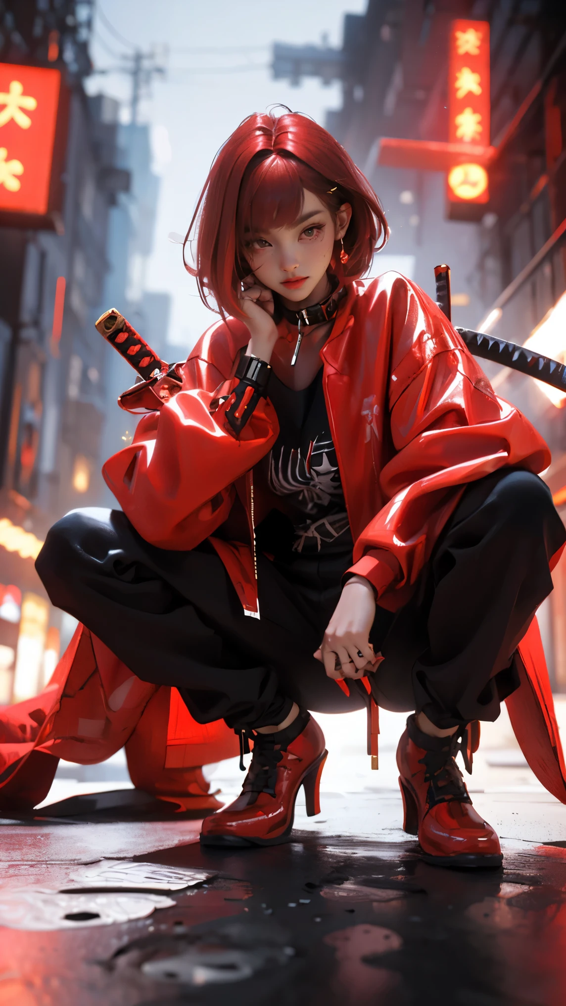 (masterpiece:1.2), best quality,CG,3d, samurai girl,
1 sister, Red eyes, ear nipple ring, alone, hair color, jewelry, looking at the audience, Vague, Full body female love, through bangs, red hair clothes, jacket, Squat down, Vague的背景, collar, Short hair details, long sleeves, red nails, shut up, red footwear, Floral fragrance, red top, striped hair,katana sword