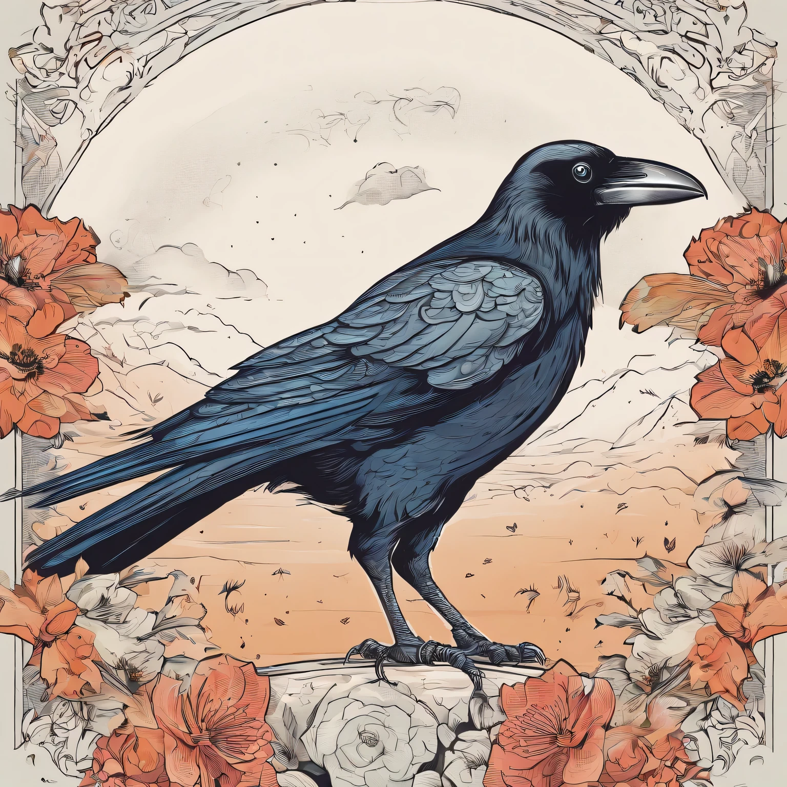 illustration of a Crow with a floral border, Vector Art by Maksimilijan Vanka, Behance contest winner, art nouveau, Crow、drawn in a quirky style, harmony of Crow、Crowと黒い羽根、beautifully drawn, アドビAn illustrationレーターアート, fabulous An illustration, Crowと羽根、vector illustration, An illustration, 非常に詳細なAn illustration, detailed An illustration, 美しいアートワークのAn illustration