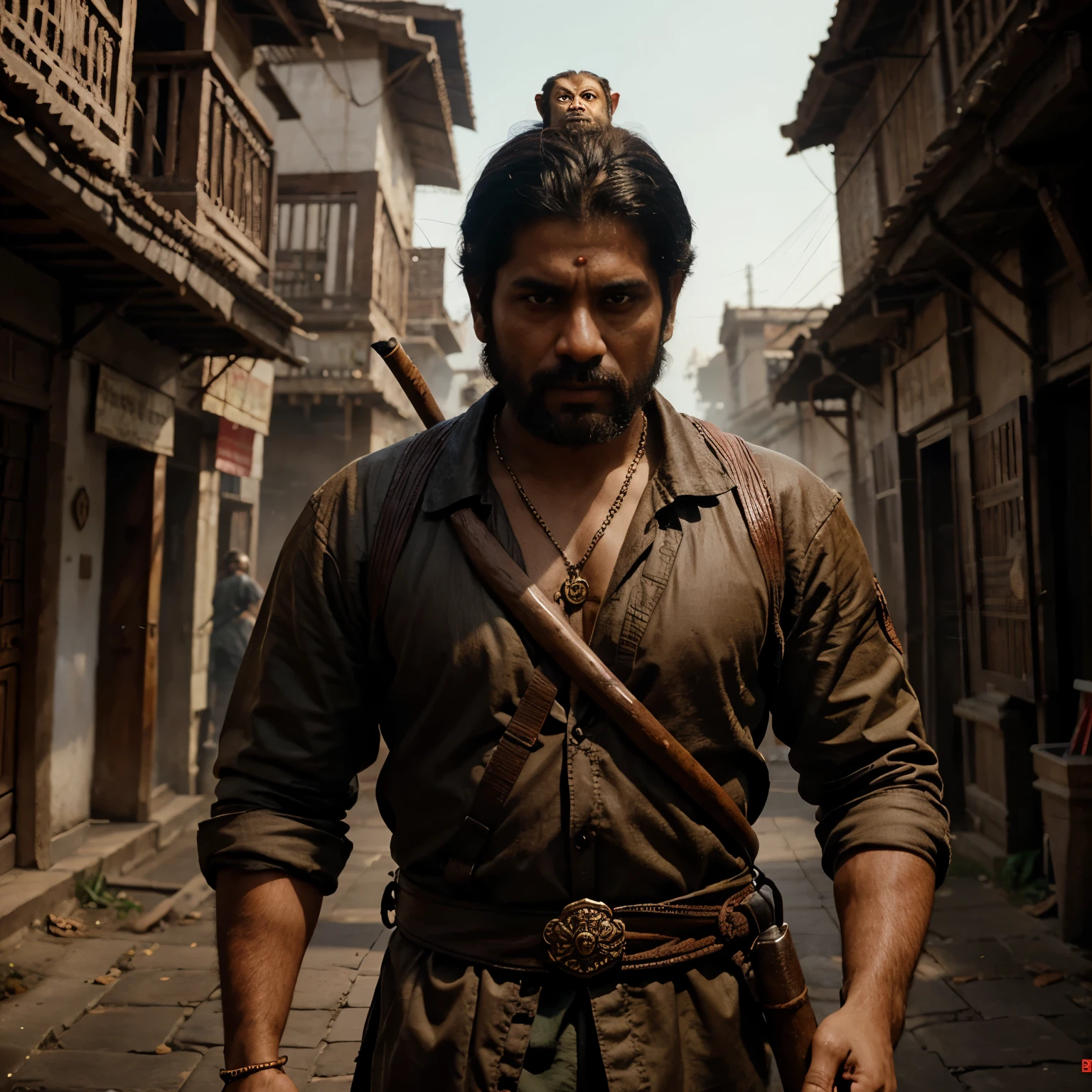 a man holding a stick next to a monkey head, a fine art painting by Ram Chandra Shukla, trending on zbrush central, samikshavad movie still, behance hd, reimagined by industrial light and magic