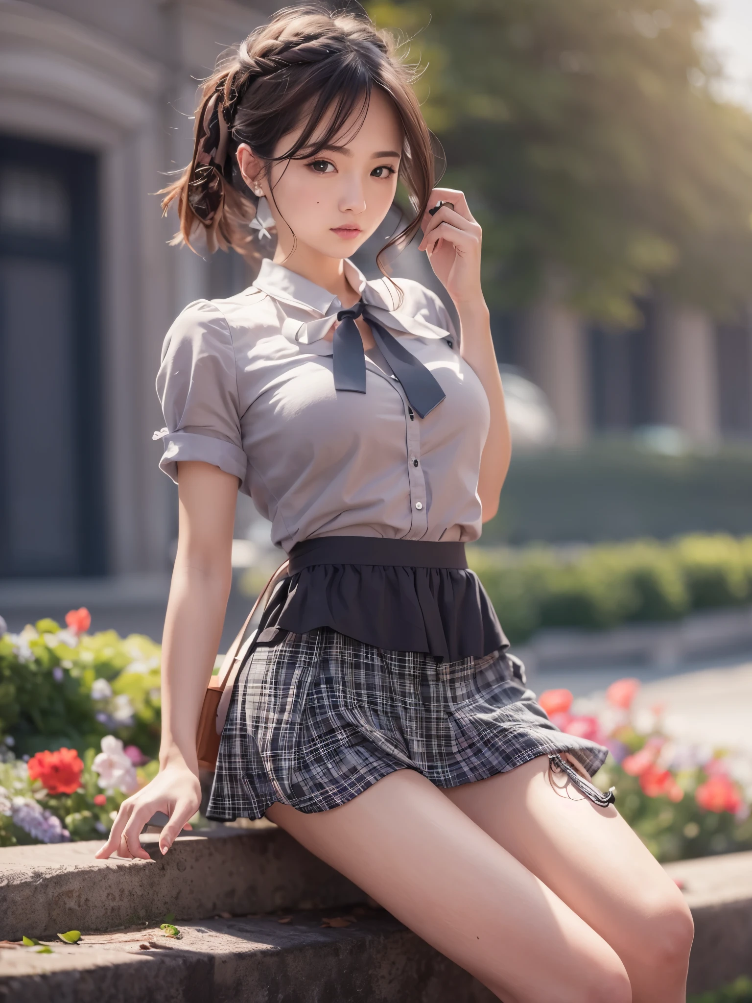 nsfw, 8K raw photo, Best quality, masterpiece, ultra high res, film grain, filmg, 1girl, looking at viewer, natural skin texture, realistic eye and face details, full lips, lipstick, (makeup), red eyeshadow, fluffy short hair, messy hair, smile, close mouth, beautiful legs, tall female, skinny, slim_legs, solo, enormous breast, cleavage,  Pose, ultra short skirt, ass, shirt, classroom location, (detailed background), plaid skirt, white wet shirt, no bra, enormous breast, cleavage, Show a little cleavage through the shirt, loafers, blurry background, blurry, holding, plaid, short sleeves, jk ribbon on the neck, jk ribbon, brown hair, bracelet, water, bangs, school uniform, jewelry, parted lips, lips, from side, pleated skirt, upskirt, depth of field