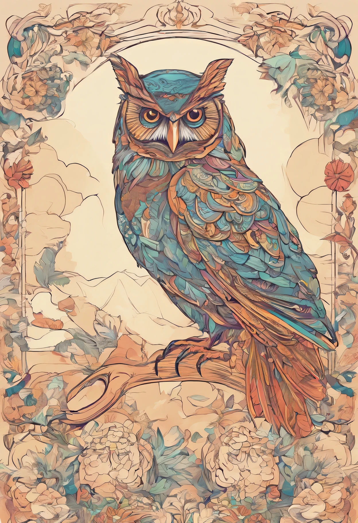illustration of a owl with a floral border, Vector Art by Maksimilijan Vanka, Behance contest winner, art nouveau, owl、drawn in a quirky style, harmony of owl、owlとカラフルな羽根、beautifully drawn, アドビAn illustrationレーターアート, fabulous An illustration, crow and feather、vector illustration, An illustration, 非常に詳細なAn illustration, detailed An illustration, 美しいアートワークのAn illustration、masterpiece、flashy colors、