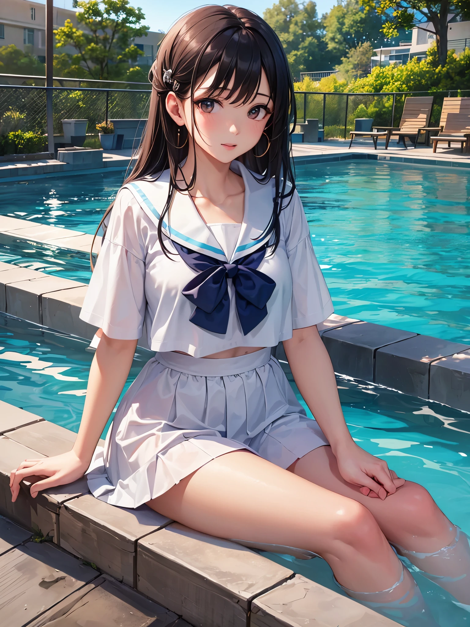 Navy blue mini skirt,high school student,Sailor suit(White blouse),Soaked with slimy liquid,Wear a uniform over a navy blue one-piece swimsuit,All fours pose,