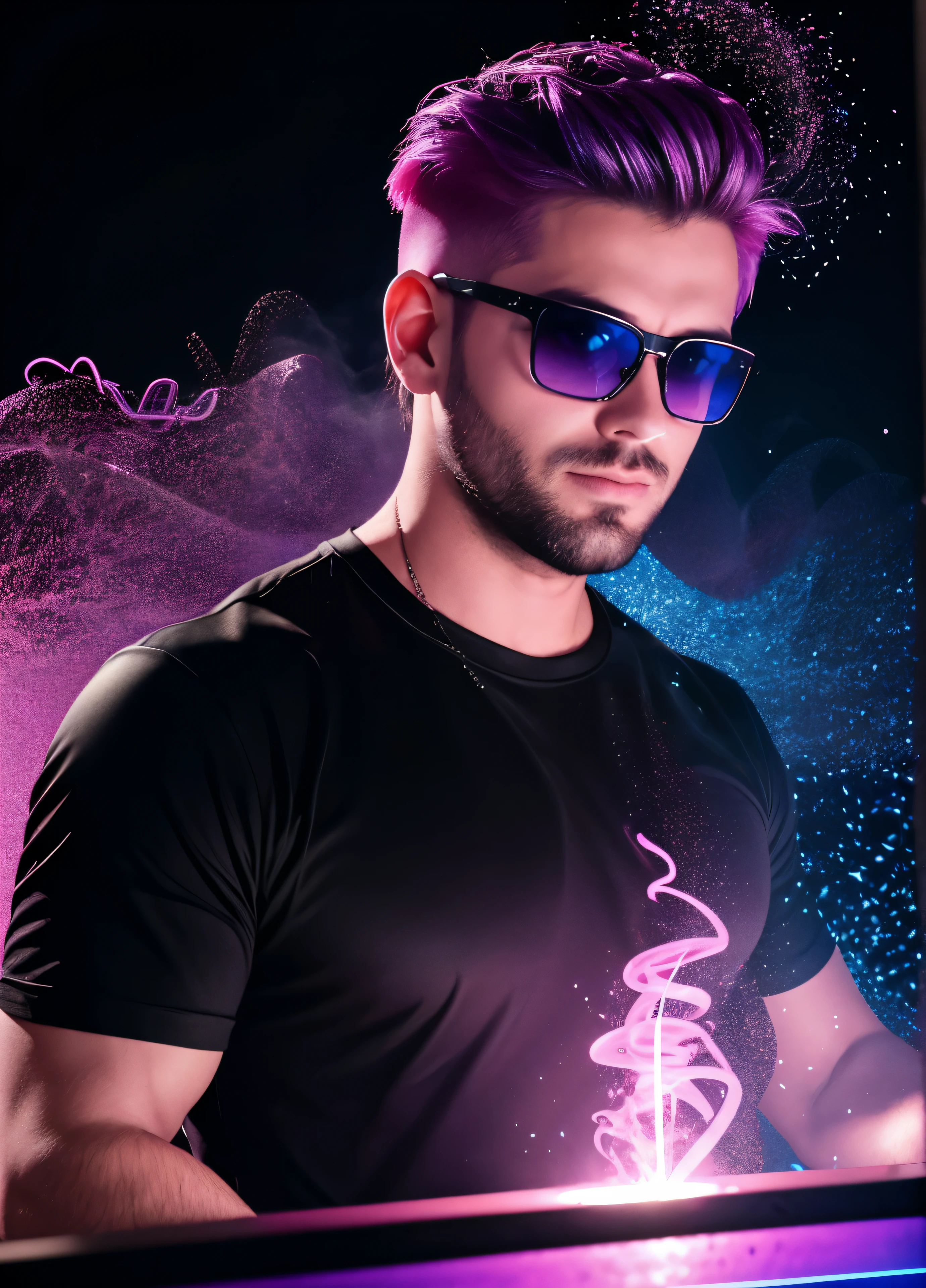  30 years old man DJ upper body in frame, black shirt in sunglasses with purple frames and rose-colored glass illuminated by colored lights photorealistic background bright colors Luminous neon pink and neon blue glitter dust background with pink and blue smoke vapor