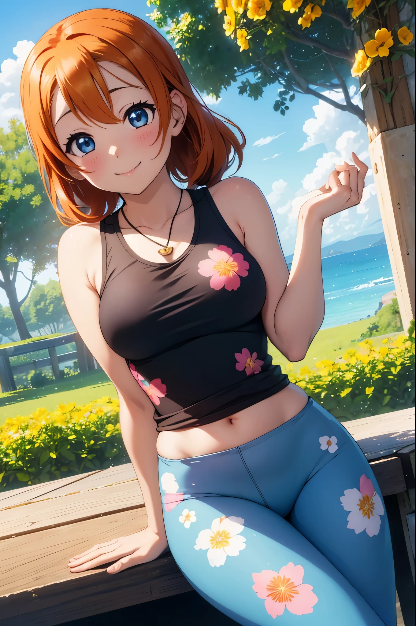 (Masterpiece, Best Quality, High Quality), (chibi),kousaka honoka, orange hair,low ponytail, blue eyes, volumetric lighting, illustration, beautiful, tight , Blushing, breasts, looking at viewer, sitting ,flower print tank top, flower print yoga pants,solo, floral print,looking to the side, confident, seductive smile, (arms behind back, head tilt:1.1), heart pendant,perfect lighting, perfect shadows, flower, (breathtaking scenery:1.1), tree, blushing