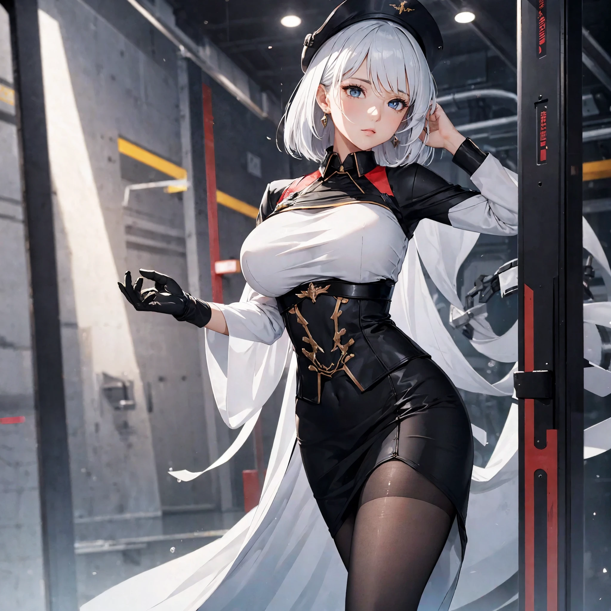(masterpiece), best quality,{full body}, ((1 girl)), ((beauty detailed eye)), {black business suit:1.40}, {black tie:1.1}, {black gloves:1.15}, {white shirt:1.10}, {white admiral hat:1.10}, {white coat:1.10}, {black tight skirt:1.15}, {black pantyhose:1.15}, {black shoes:1.15}, handsome, {tirpitz_azurlane:1.1}, tirpitz from azur lane, blue_eyes, hair_between_eyes, short_hair, breasts, beautiful detailed face, highly detailed,illustration,extremely detailed CG unity wallpaper,submerge,cinematic lighting, black tight skirt, black pantyhose, mature, white_short_hair, large_breasts, earrings, jewelry, cross_earrings, bangs, dramatic angle, posing caustics, looking at viewer