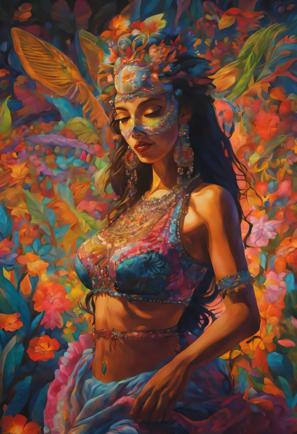 A picture of a belly dancer dancing with a beautiful face mask、Sexy belly dance costume、Bathed in colorful spotlights、The future of genetic engineering、Incorporate living things into your work, covered in animals, flora. alebrije, masterpiece, hyper hd, Axonometric view, dense forest. cyber punk