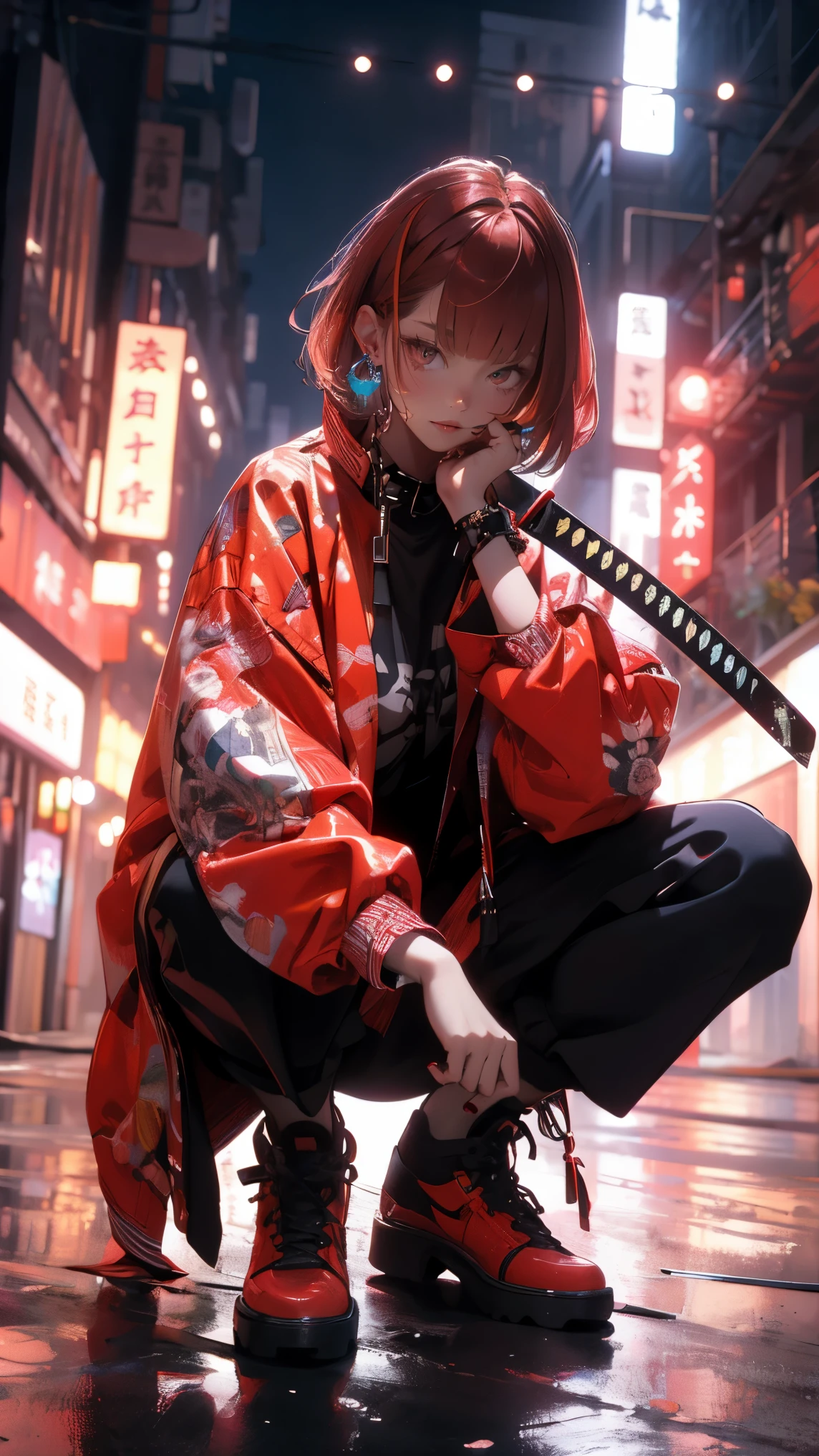 (masterpiece:1.2), best quality,CG,3d, samurai girl,
1 sister, Red eyes, ear nipple ring, alone, hair color, jewelry, looking at the audience, Vague, Full body female love, through bangs, red hair clothes, jacket, Squat down, Vague的背景, collar, Short hair details, long sleeves, red nails, shut up, red footwear, Floral fragrance, red top, striped hair,katana sword
