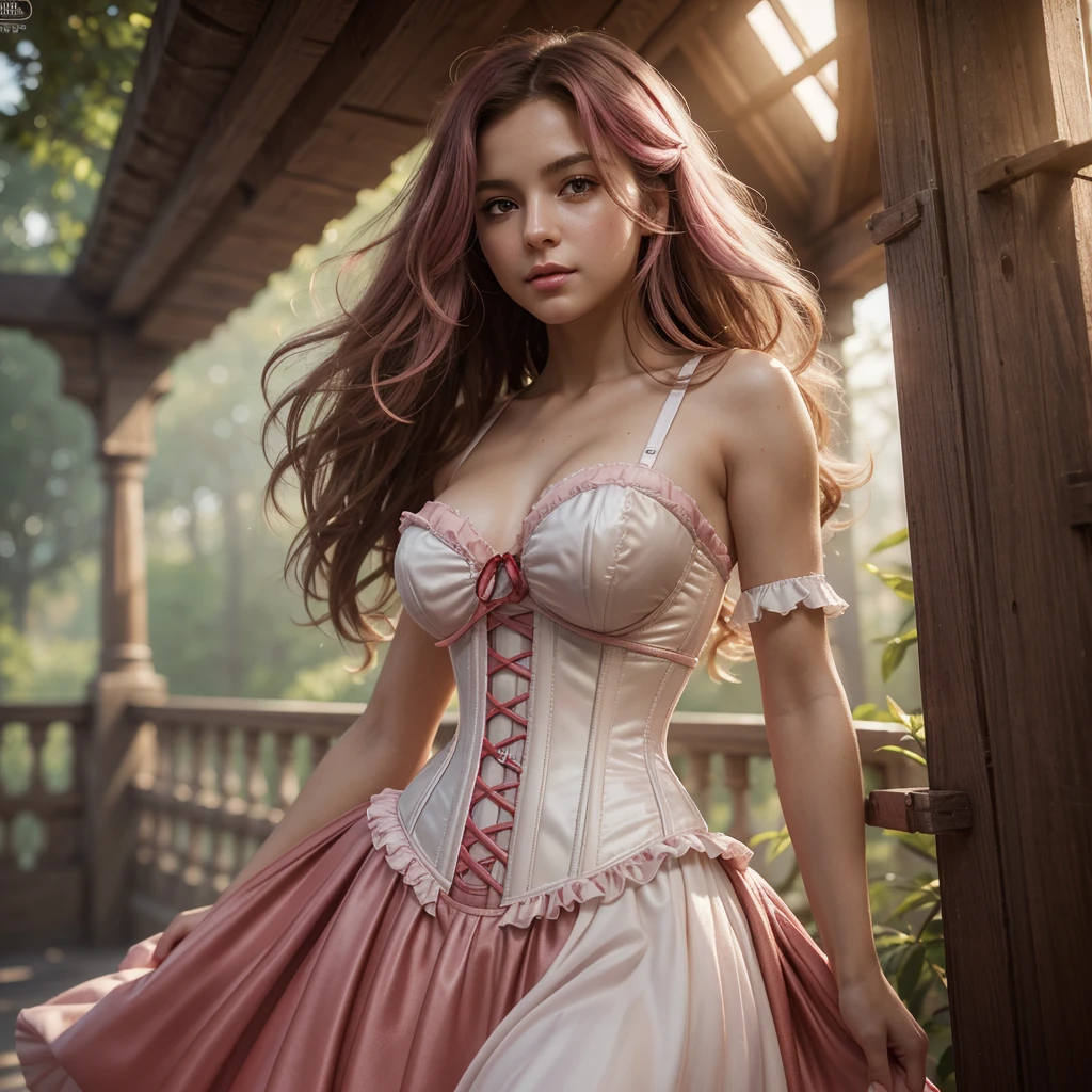 Masterpiece, best quality female, (French),(small breast), (very long curly pink volumetric hair:1.33), (white crinoline inside with red corset outside:1.33), (long red skirt:1.33), flat headband, (detailed beautiful hazel eyes:1.33), detailed blush face, slim body, perfect ???????, very cute, dynamic pose, perfect shading, dramatic lighting, rendered in 8K resolution for high-quality detail, trending on art station, concept art, smooth, sharp focus, illustration, highly detailed, soft natural volumetric, cinematic perfect light, intricate details, (subtle nudity:1.0)
