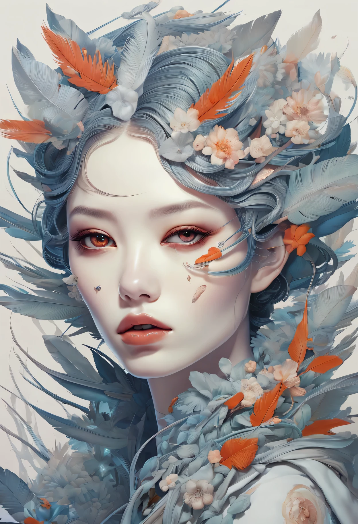 james jeans style、beautiful girl、beautiful eyes、wearing a feather coat、Hair that blends with the spiral of light