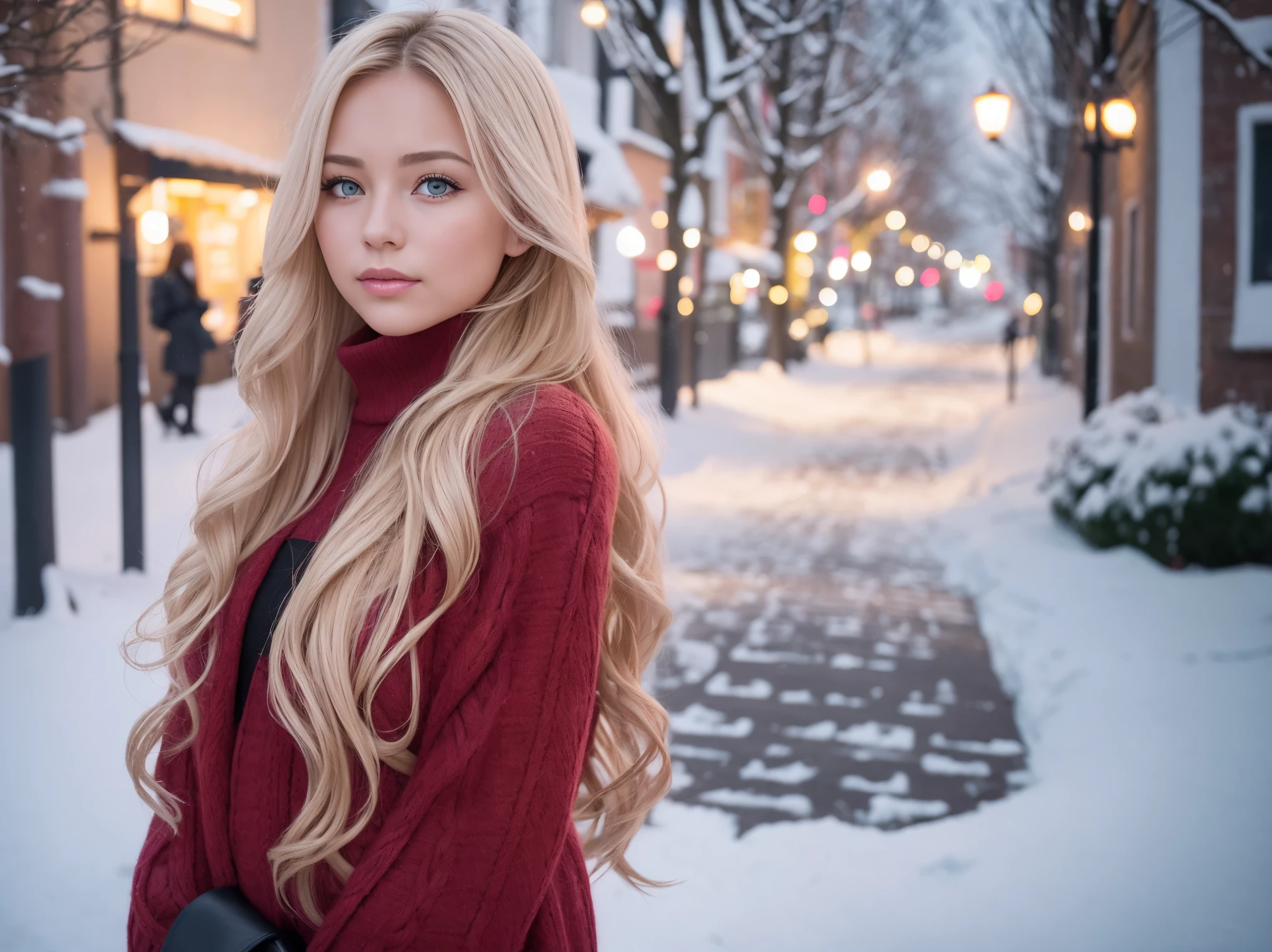 Backlit professional portrait photo of gorgeous Norwegian girl in winter clothes with long wavy blonde hair, sultry flirty look, (freckles:0.5), Beautiful symmetrical face, cute natural makeup, Elegant red winter fashion clothes, standing outside on a snowy city street