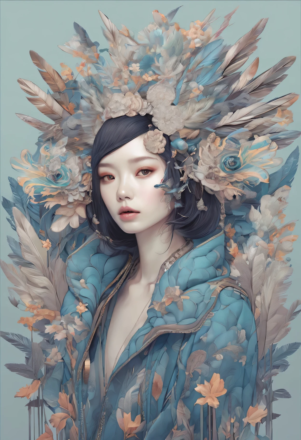 james jeans style、beautiful girl、beautiful eyes、wearing a feather coat、Hair that blends with the spiral of light、forward leaning style、