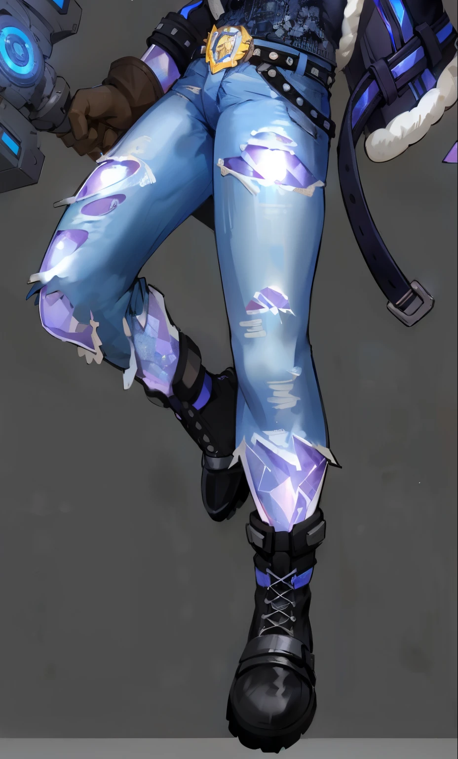 ripped jeans，body made of crystals，black leather boots，rivet belt，badge belt buckle