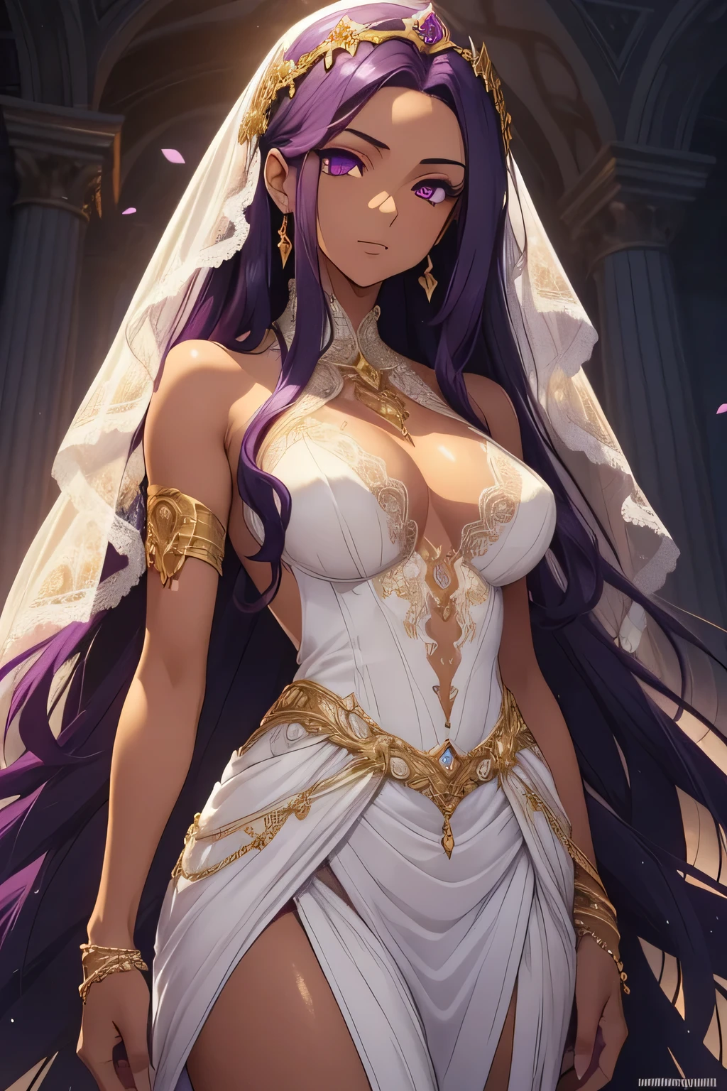 1 beautiful woman, tanned skin, long dark purple hair, golden eyes, ((detailed eyes:1.2)), medium breasts, wearing translucent wedding dress, elegant, sensual, sideboob, (masterpiece, top quality, best quality, official art, beautiful and aesthetic:1.2), extreme detailed, colorful, highest detailed