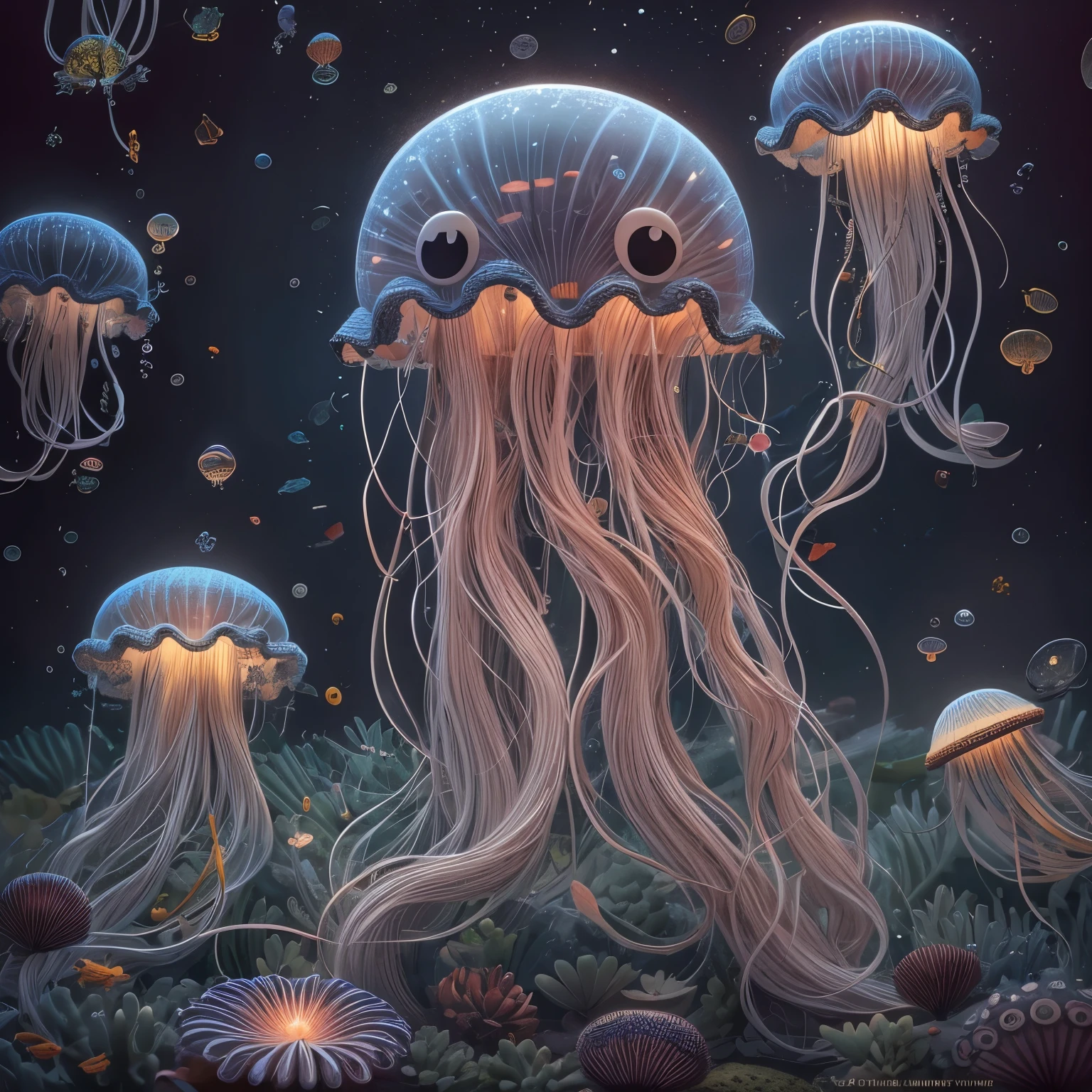 (La best quality,high resolution,super detailed,actual),Cute knitted jellyfish，smiley face，at the bottom of the sea，Surrounded by glowing jellyfish，Dreamy elements（ （（masterpiece）））， （（best quality））， （（intricate details））（8k）