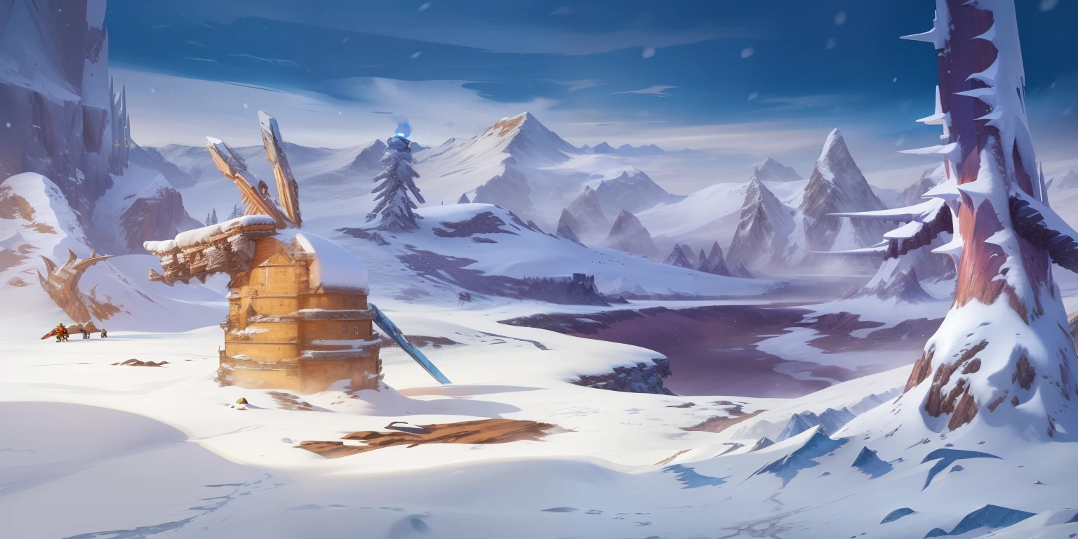 Wearing a snowsuit in the snow scene、Drawing of man on snowboard, icy tundra background, winter concept art, snowfield, snow wasteland, snowy environment, painted as a game concept art, background artwork, concept art. epic scenery, an epic scenery, Epic RPG Artwork, blizzard hearthstone concept art, background art, Snow mountain background, Role playing game background