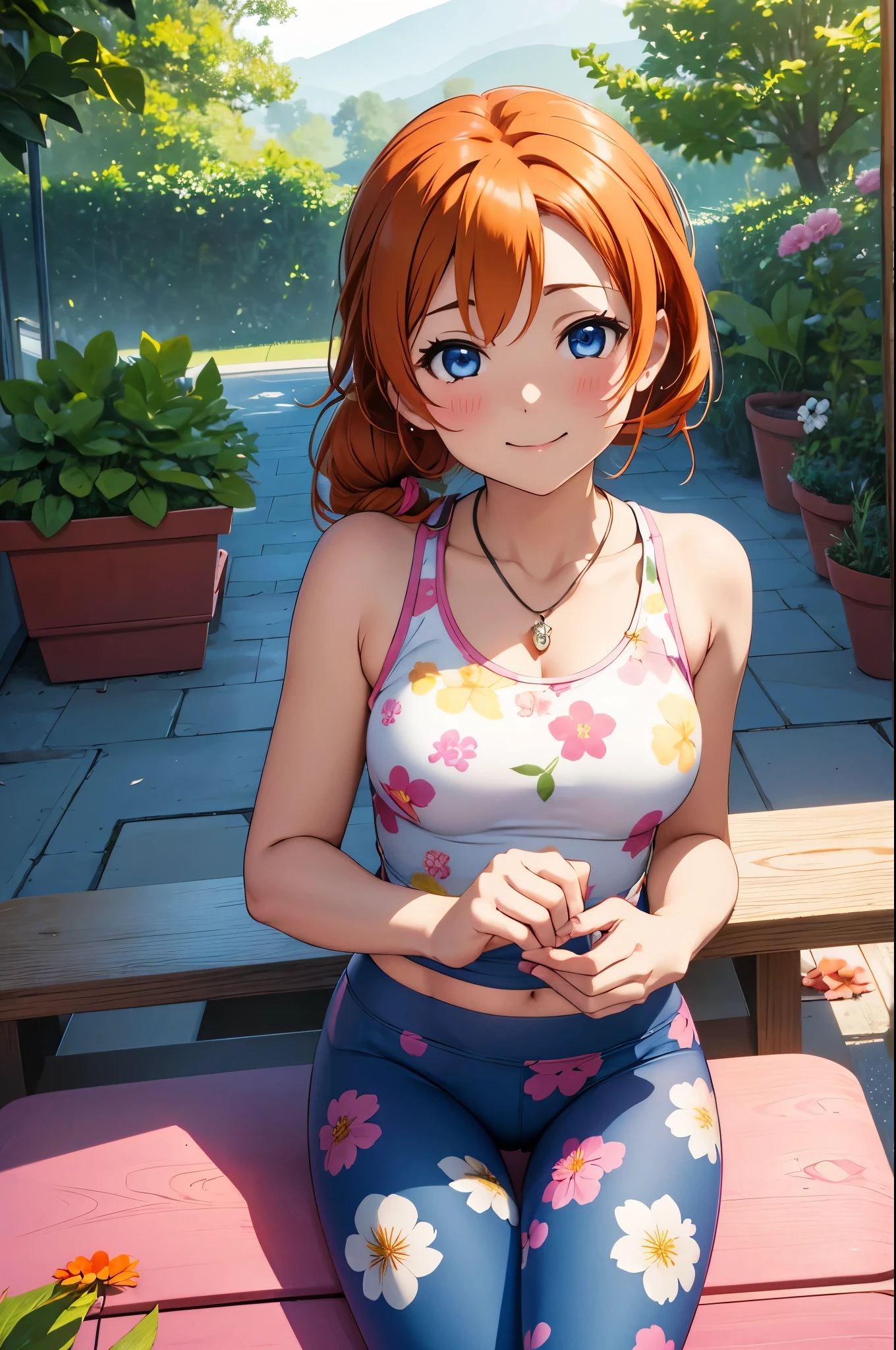 (Masterpiece, Best Quality, High Quality), (chibi),kousaka honoka, orange hair,low ponytail, blue eyes, volumetric lighting, illustration, beautiful, tight , Blushing, breasts, looking at viewer, sitting on chair in,flower print tank top, flower print yoga pants,solo, floral print,looking to the side, confident, seductive smile, (head tilt:1.1), heart pendant,perfect lighting, perfect shadows, flower, (breathtaking scenery:1.1), tree, blushing