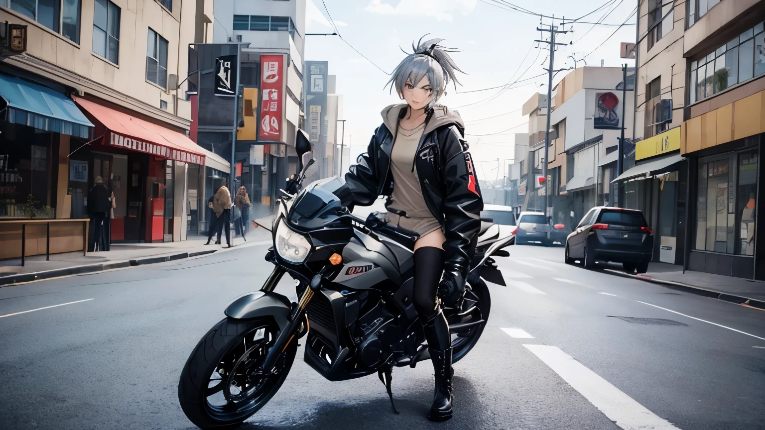 high quality、cyber punk、girl２people、mechanic、comical、anime style etc.、gray hair、bike、leather jacket、punk coloring、city、ナイトcity、Street style、graffiti、hoodie、middle age、tall woman、military、Knee-high boots、weapons、night、二people組、teammates、The touch of the picture is black lagoon style