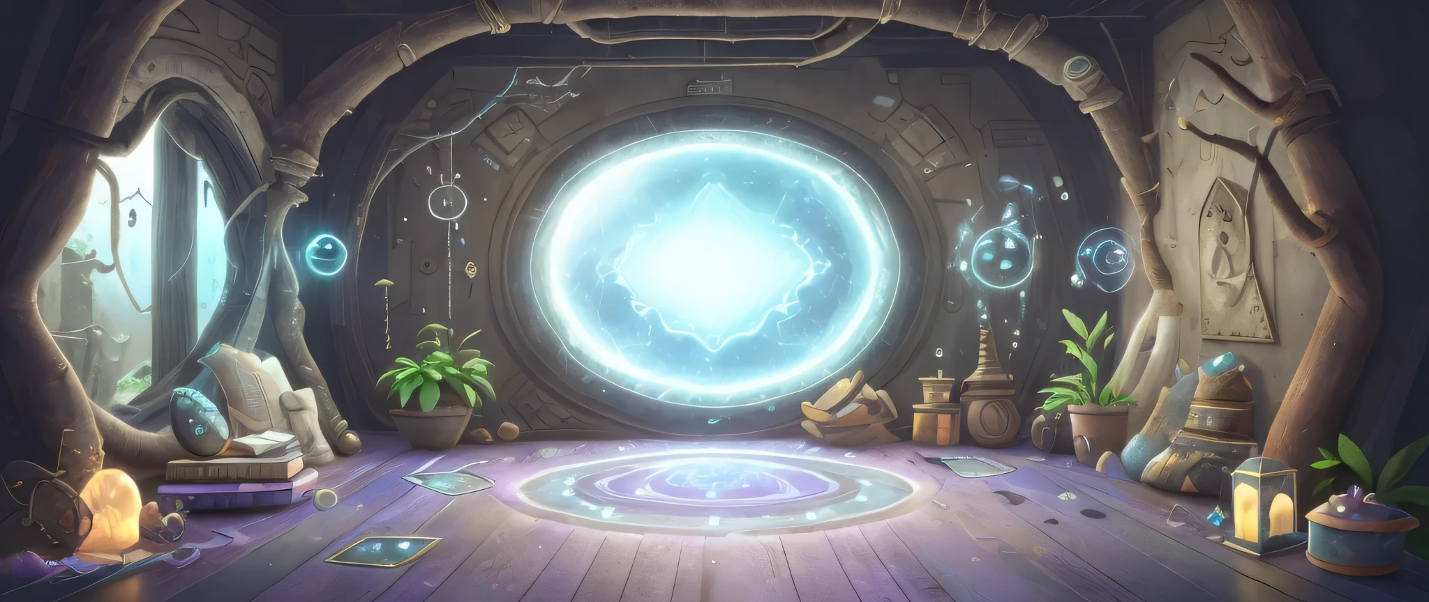 fantasy background,High-tech room,Front view,There is a portal in the middle of the room,nobody,HD,Magic crystals floating in the room,Reflective ground