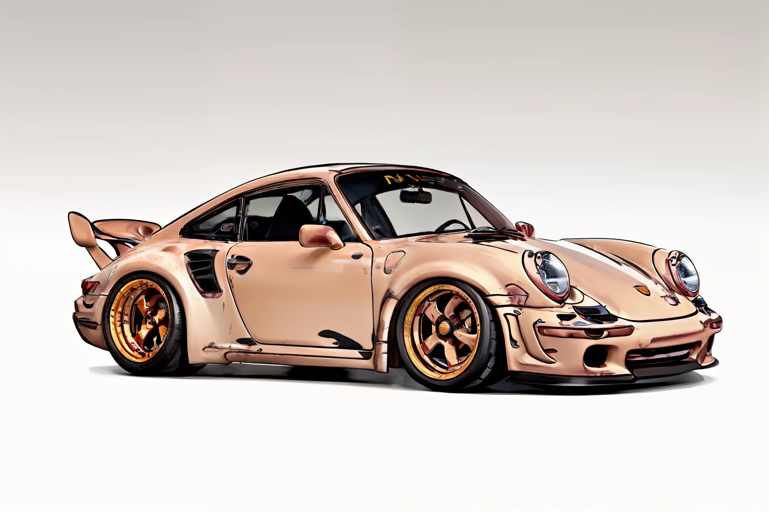 nvinkpunk, painting of a city with a candy brown paint, brown Porsche 911 rwb rotting,wide bodykit, large wheels, high quality,
