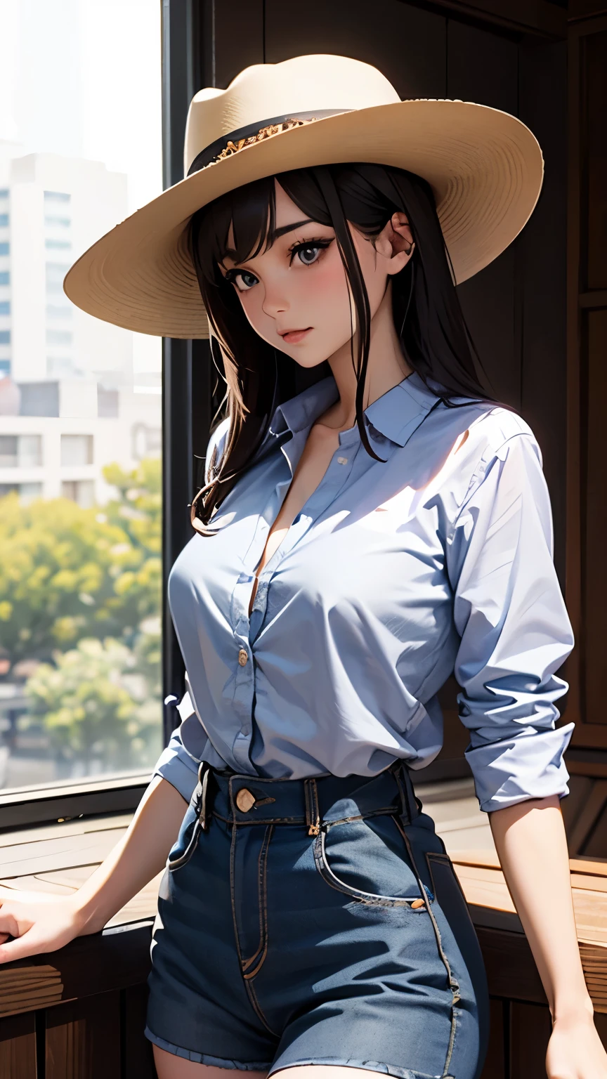 Cowgirl, gray shirt, open chest, cowboy hat