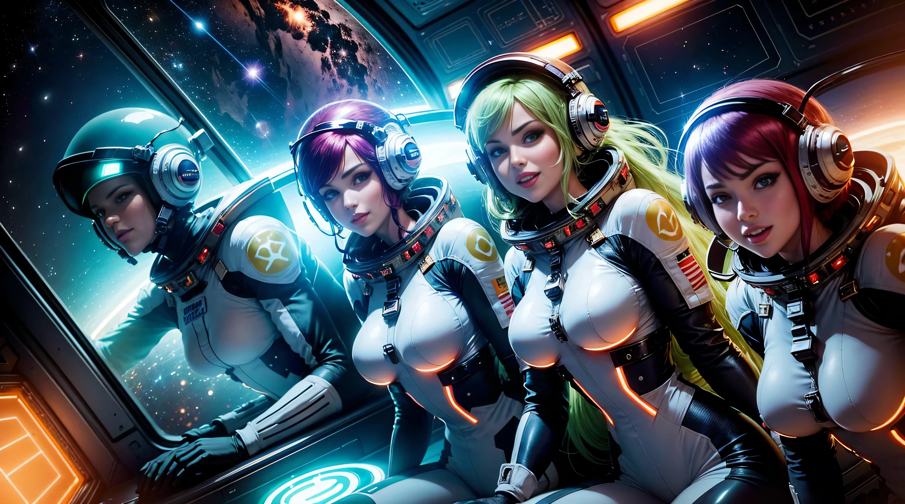 gorgeous megan fox, katy perry, kate upton with golden short strawberry red and lime green hair purple hair in pigtails, ((( amazing space suits with glowing lights floating in zero gravity in space station wearing helmets very happy smiling at camera ))) girls dark makeup,blue eyes,(((smiling at camera))), beautiful grown women, (( large breasts)),ultra detailed,realistic, fantasy art, amazing lighting, space ship background at night with neon lights, amazing lighting