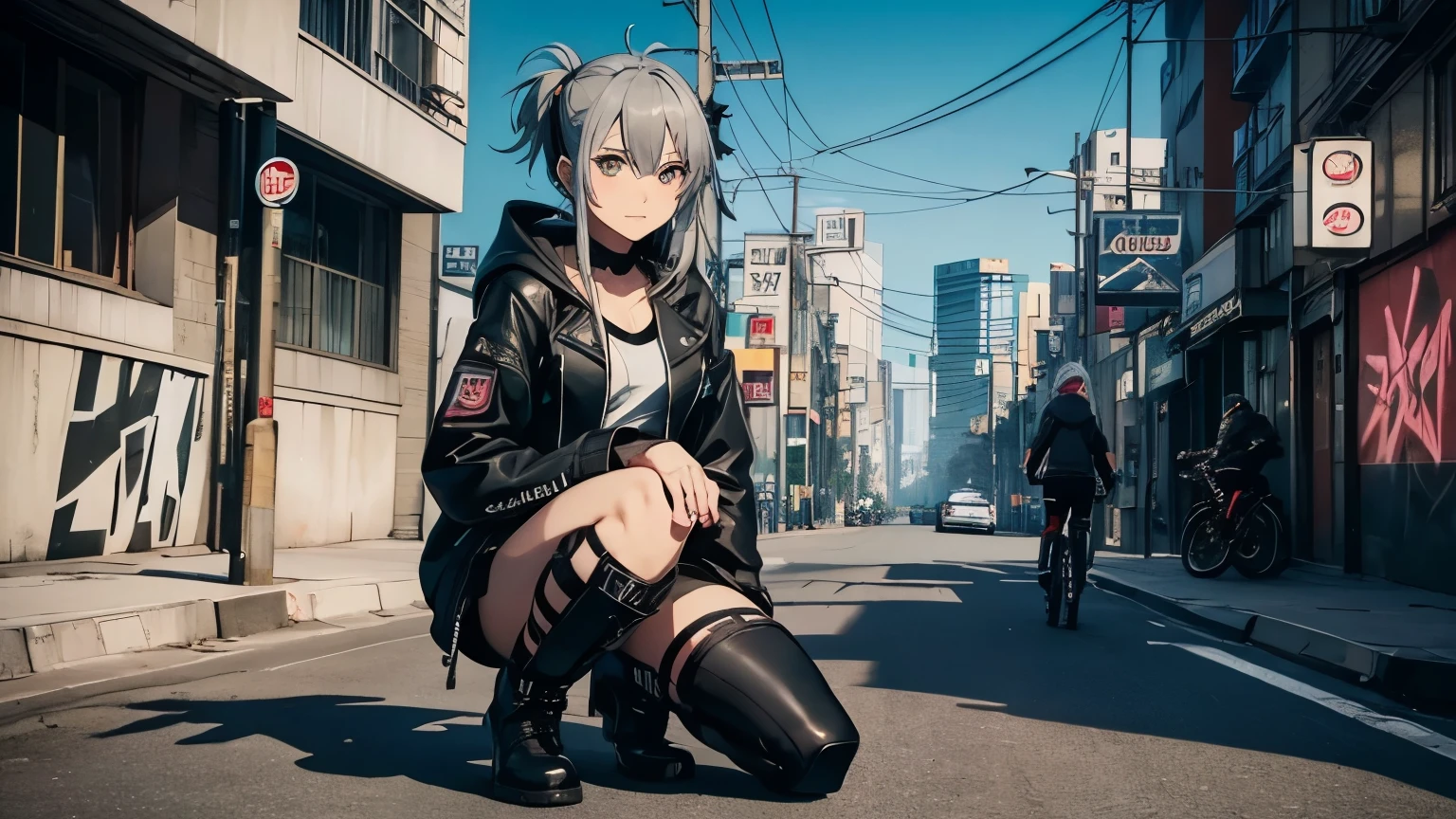 high quality、cyber punk、girl２people、mechanic、comical、anime style etc.、gray hair、bike、leather jacket、punk coloring、city、ナイトcity、Street style、graffiti、hoodie、middle age、tall woman、military、Knee-high boots、weapons、night、二people組、teammates、The touch of the picture is black lagoon style