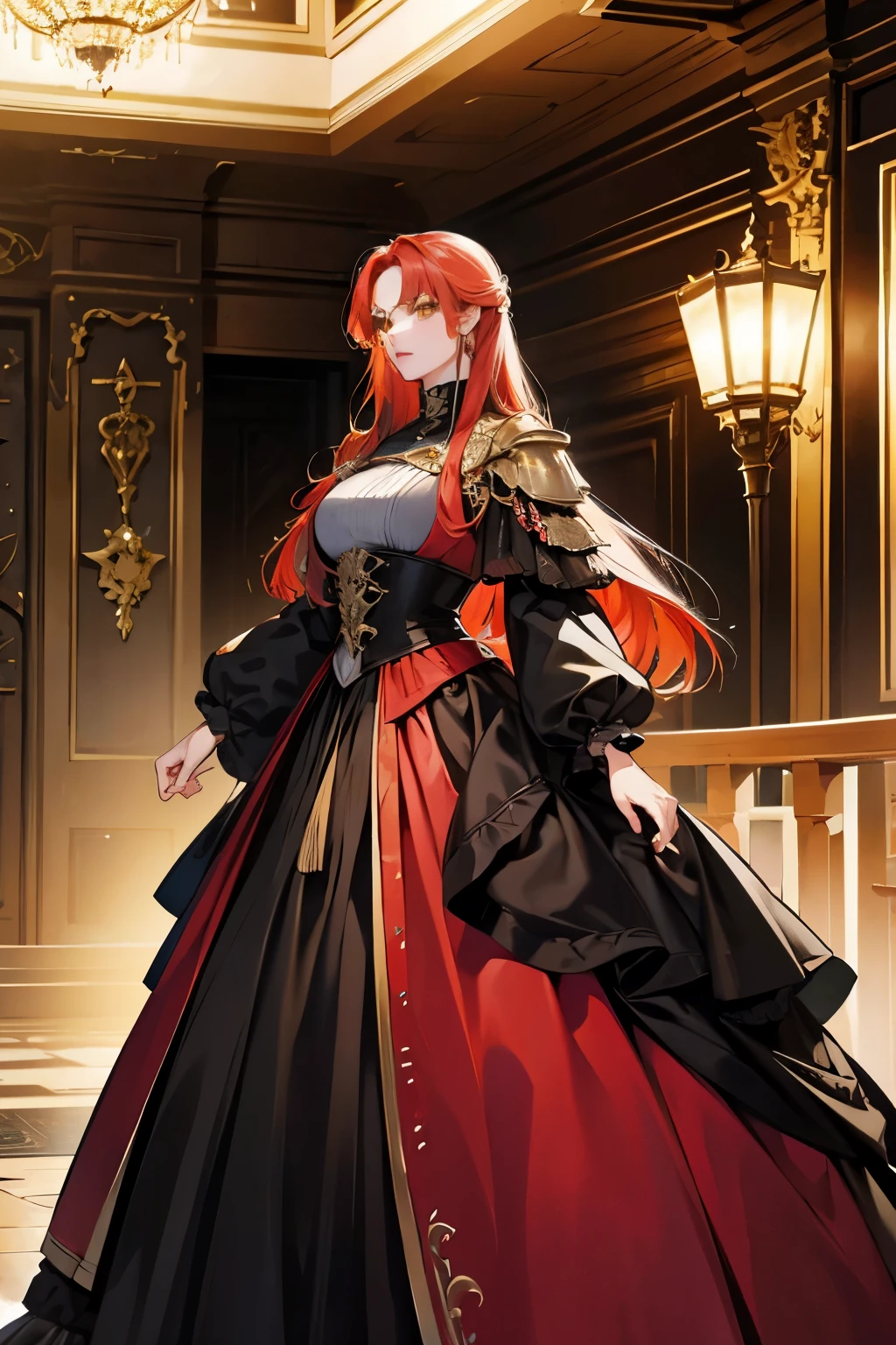 (absurd, high resolution), (panorama), a woman, mature, beautiful, tall, exquisite, yellow eyes, red hair, wearing knights clothes, knights erotic clothes, black clothes, serene expression, solo character, sexy, elegant