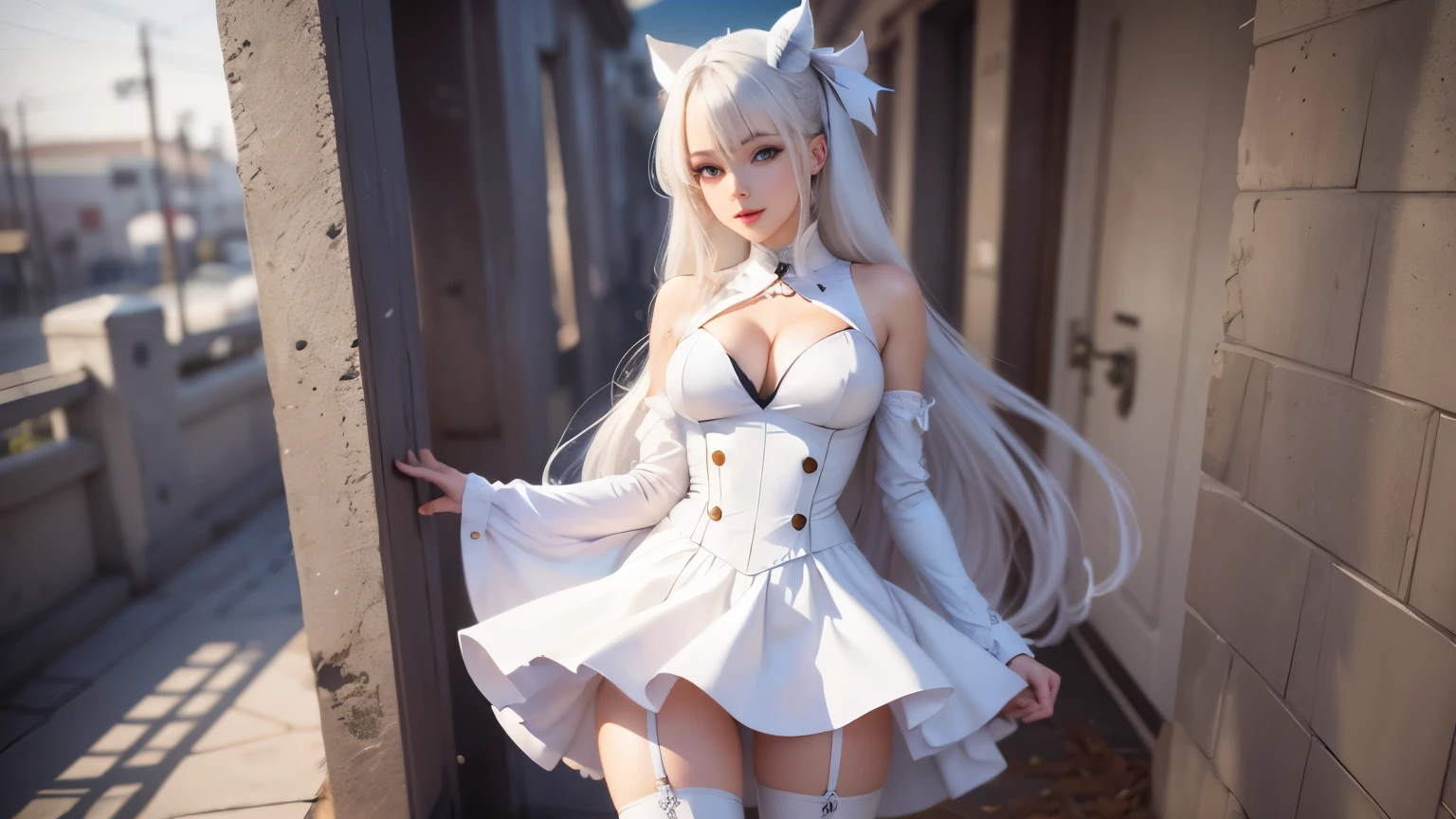 anime girl, white pantyhose, white clothes, white boots, long silver hair, purple eyes, sexy pose, highest quality, cleavage、beautiful eyes、smile