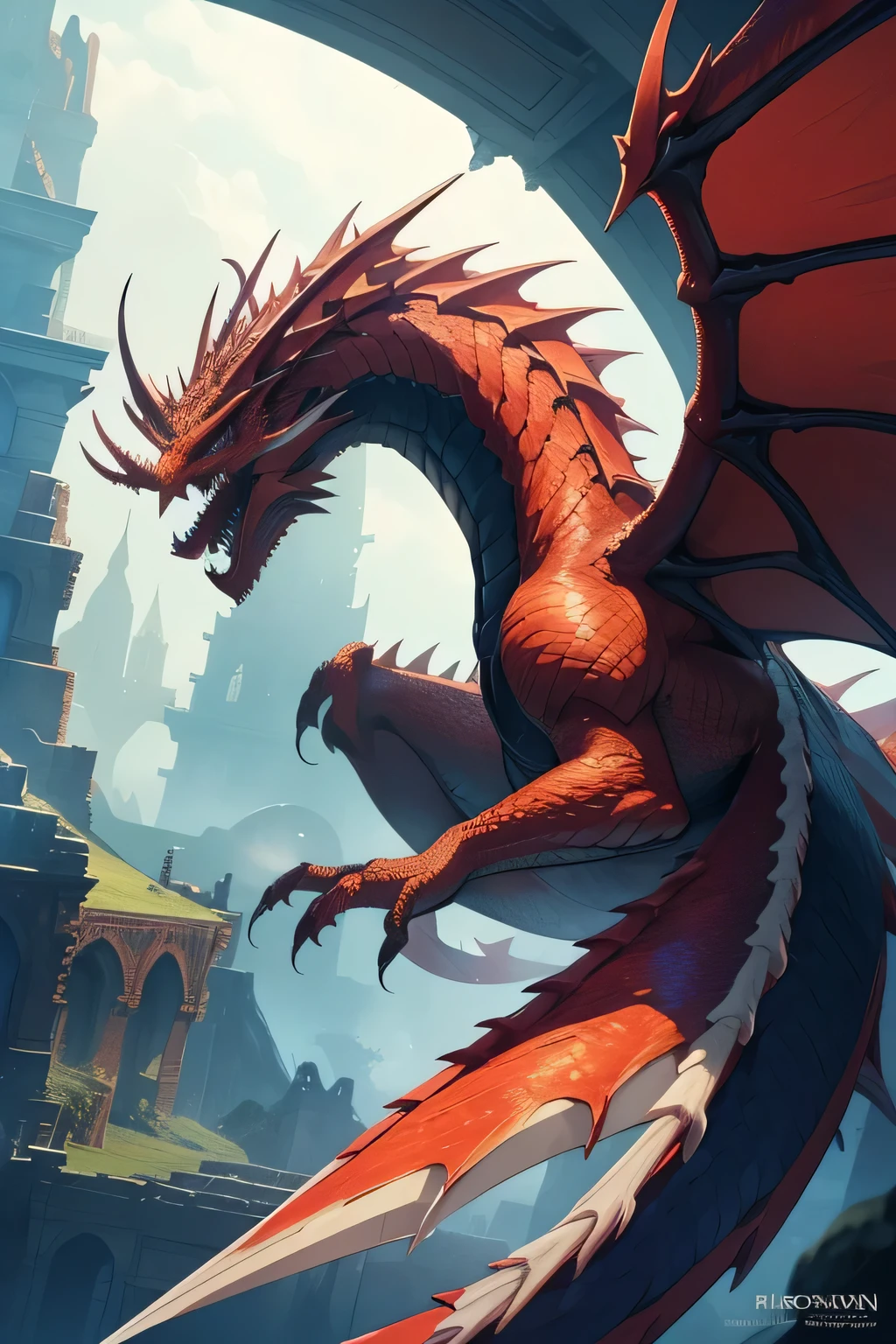 1 dragon, red scales, wings, spiked-tail, breathe fire, intimidating, flying, burning land, (masterpiece, top quality, best quality, official art, beautiful and aesthetic:1.2), extreme detailed, colorful, highest detailed