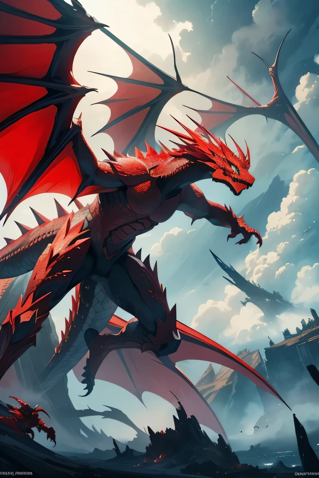 1 dragon, red scales, wings, spiked-tail, breathe fire, intimidating, flying, burning land, (masterpiece, top quality, best quality, official art, beautiful and aesthetic:1.2), extreme detailed, colorful, highest detailed