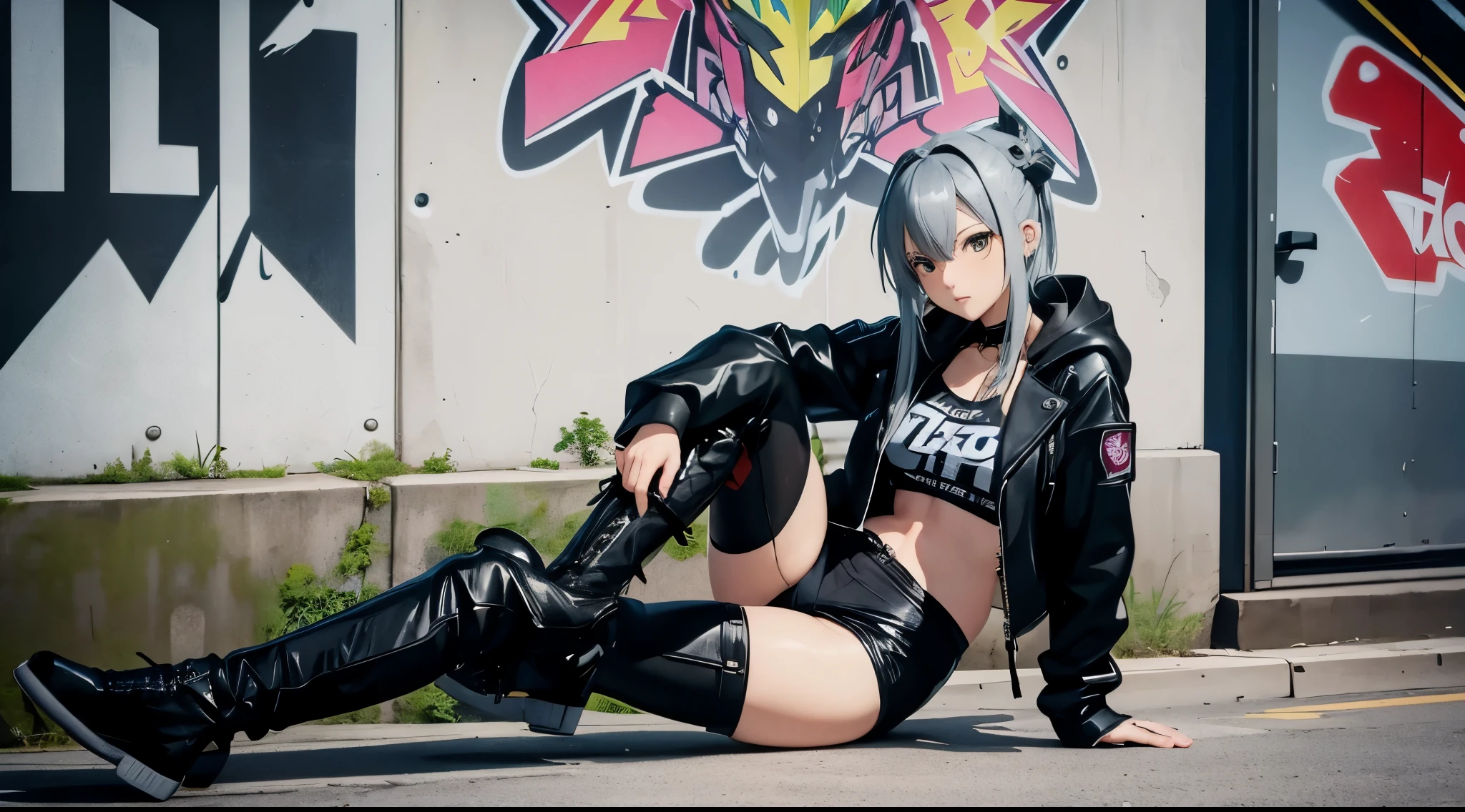 high quality、cyber punk、girl2people、mechanic、comical、anime style etc.、gray hair、bike、leather jacket、punk coloring、city、ナイトcity、Street style、graffiti、hoodie、middle age、tall woman、military、Knee-high boots、weapons、night、二people組、teammates、The touch of the picture is black lagoon style
