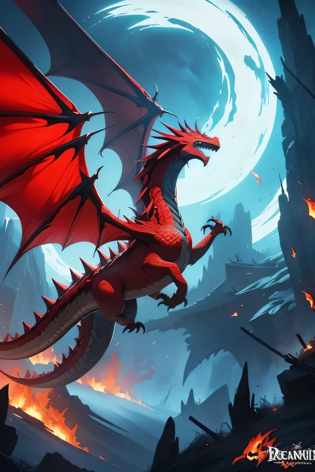 1 dragon, red scales, wings, spiked-tail, breathe fire, intimidating, flying, burning land, (masterpiece, top quality, best quality, official art, beautiful and aesthetic:1.2), extreme detailed, colorful, highest detailed