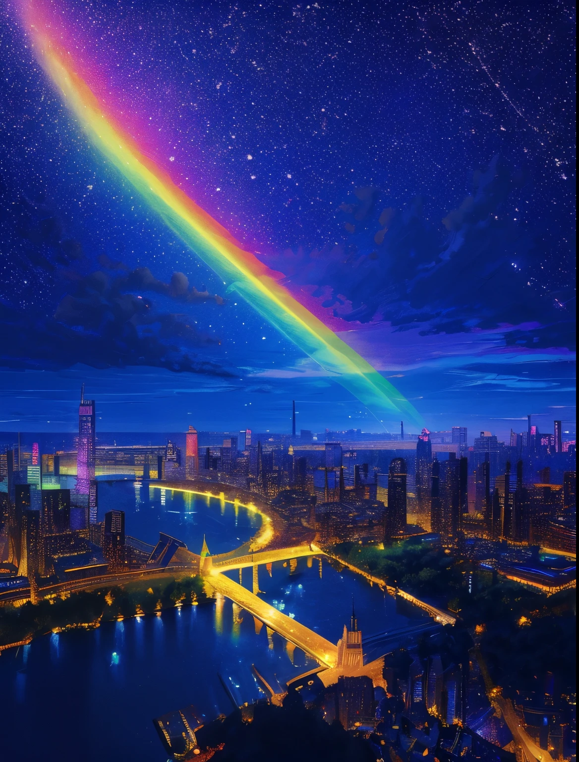 Colorful Metropolitan Museum of Art、A painting of a river with stars and the moon in a rainbow sky、met、輝くskyscraper群、shines all over、skyscraper、Concept art inspired by Mitsuoki Tosa、pixiv contest winner、highest quality、fantasy art、beautiful anime scene、bright moon、moonlit star environment、dream picture、anime backgroundアート、fantasy landscape art、fantasy knight、anime background、background artwork、amazing art、Atmospheric anime、starry sky、Detail has been enhanced。