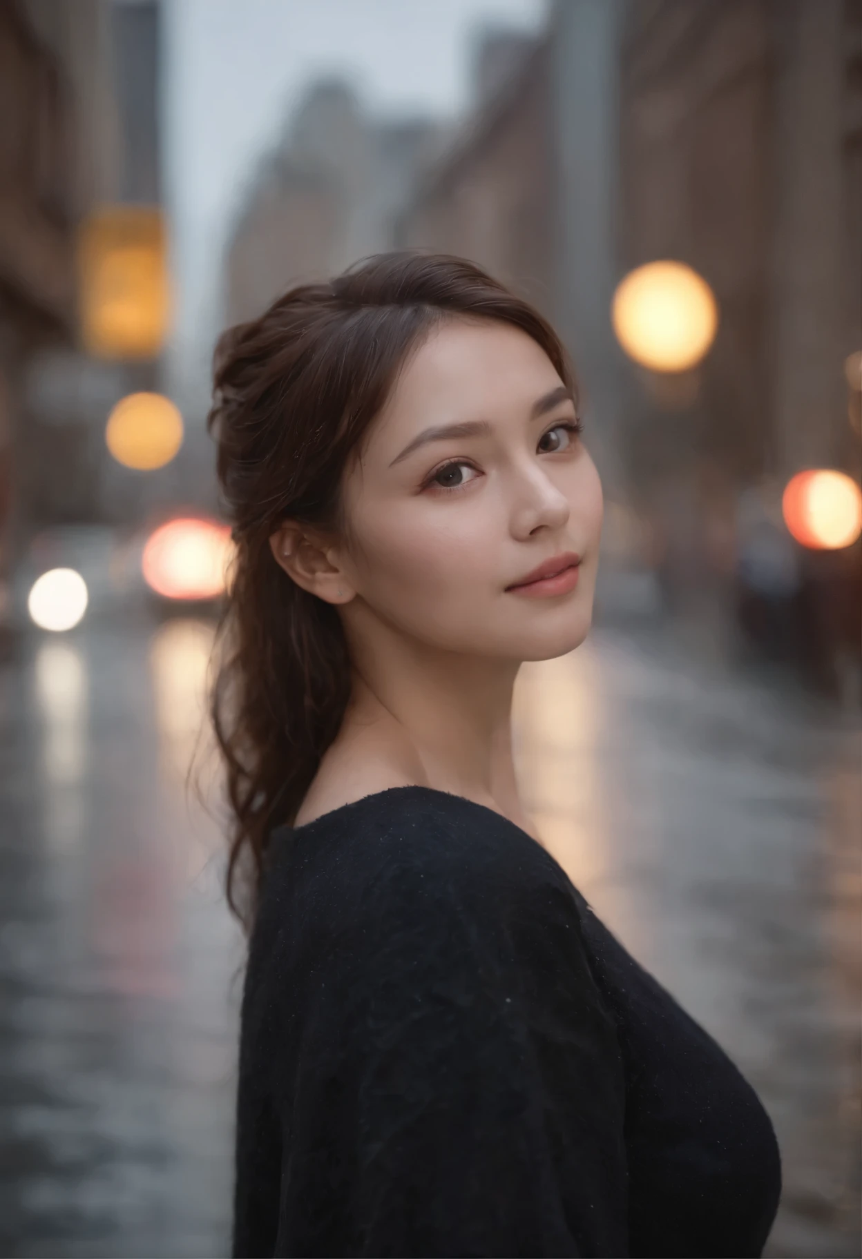 (8k, RAW photo, highest quality, masterpiece:1.2), (realistic, photo-realistic:1.37), Omertosa, 1 girl, (K-POPアイドル), (charming monkey:1), cute, cityscape, rain, Wet, professional lighting, photon mapping, radio city, Physically based rendering,,