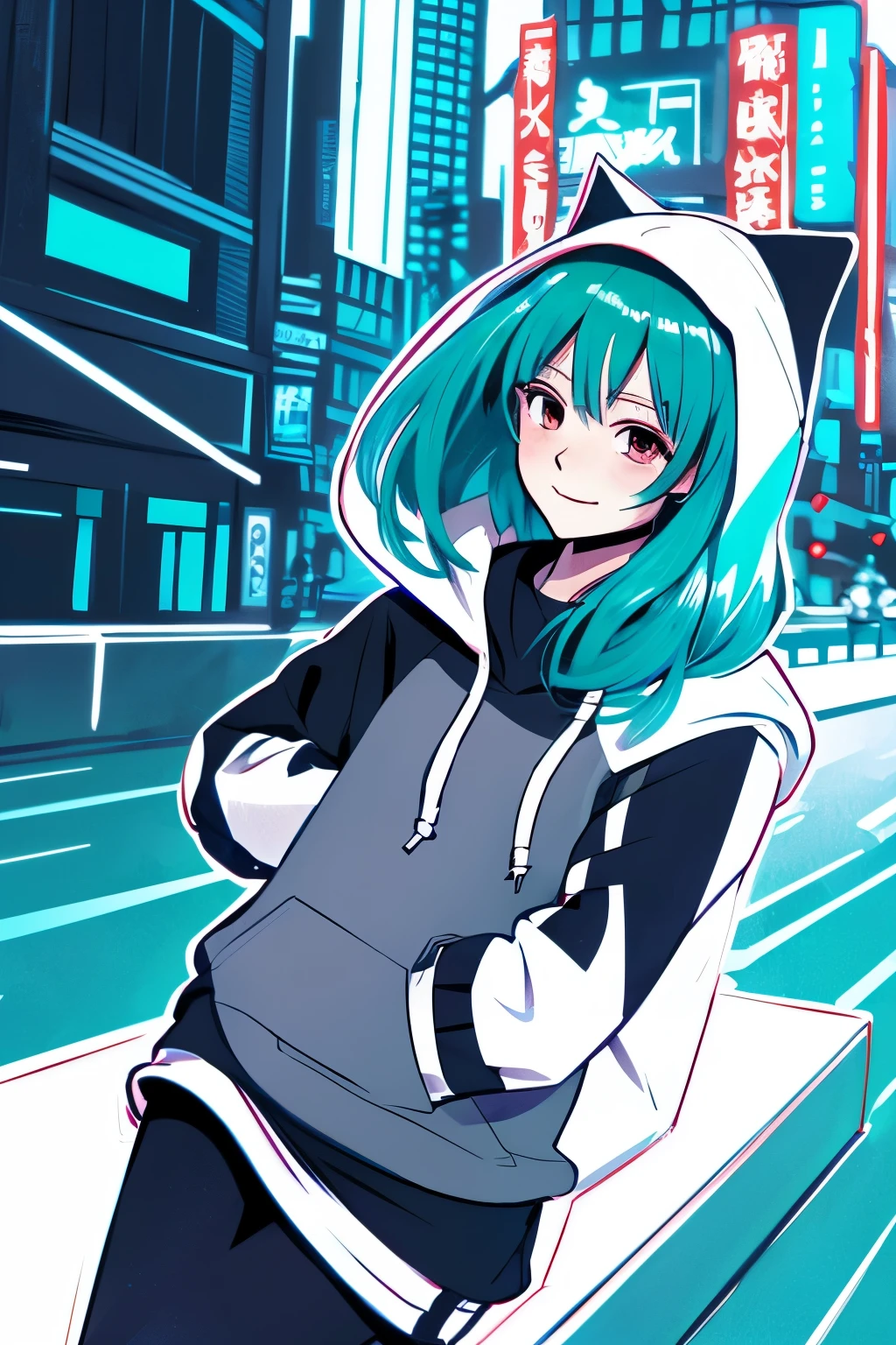 (highest quality:0.8) anime illustration, cute, cyberpunk atmosphere、Woman with aqua colored straight hair, wearing a hoodie, skirt