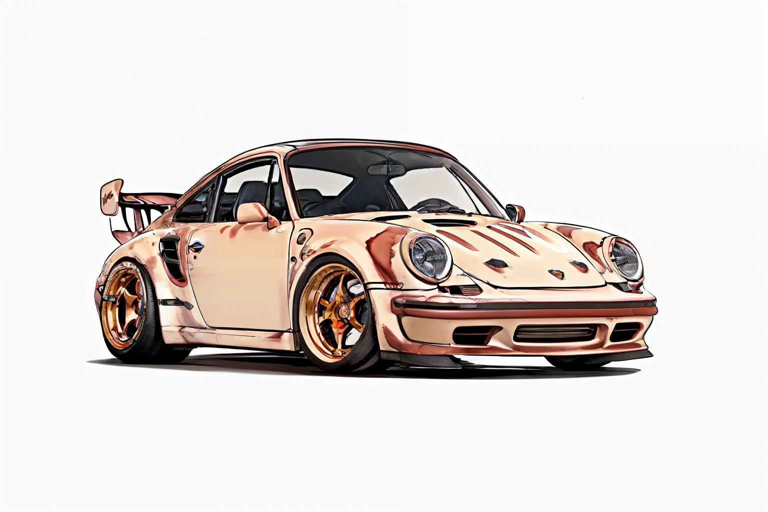 nvinkpunk, painting of a city with a candy brown paint, brown Porsche 911 rwb rotting,wide bodykit, large wheels, high quality,