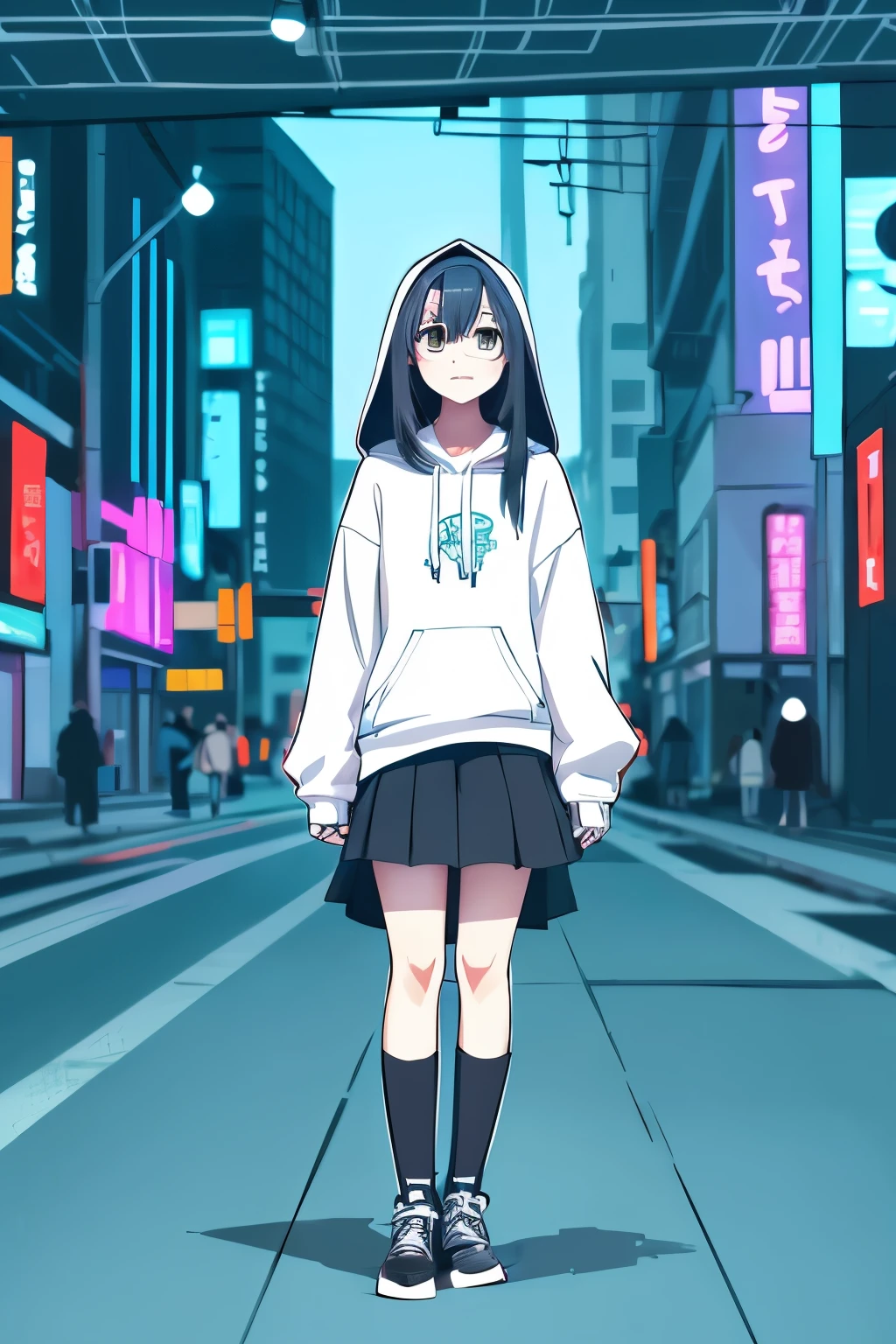 (highest quality:0.8) anime illustration, cute, cyberpunk atmosphere、Woman with aqua colored straight hair, wearing a hoodie, skirt